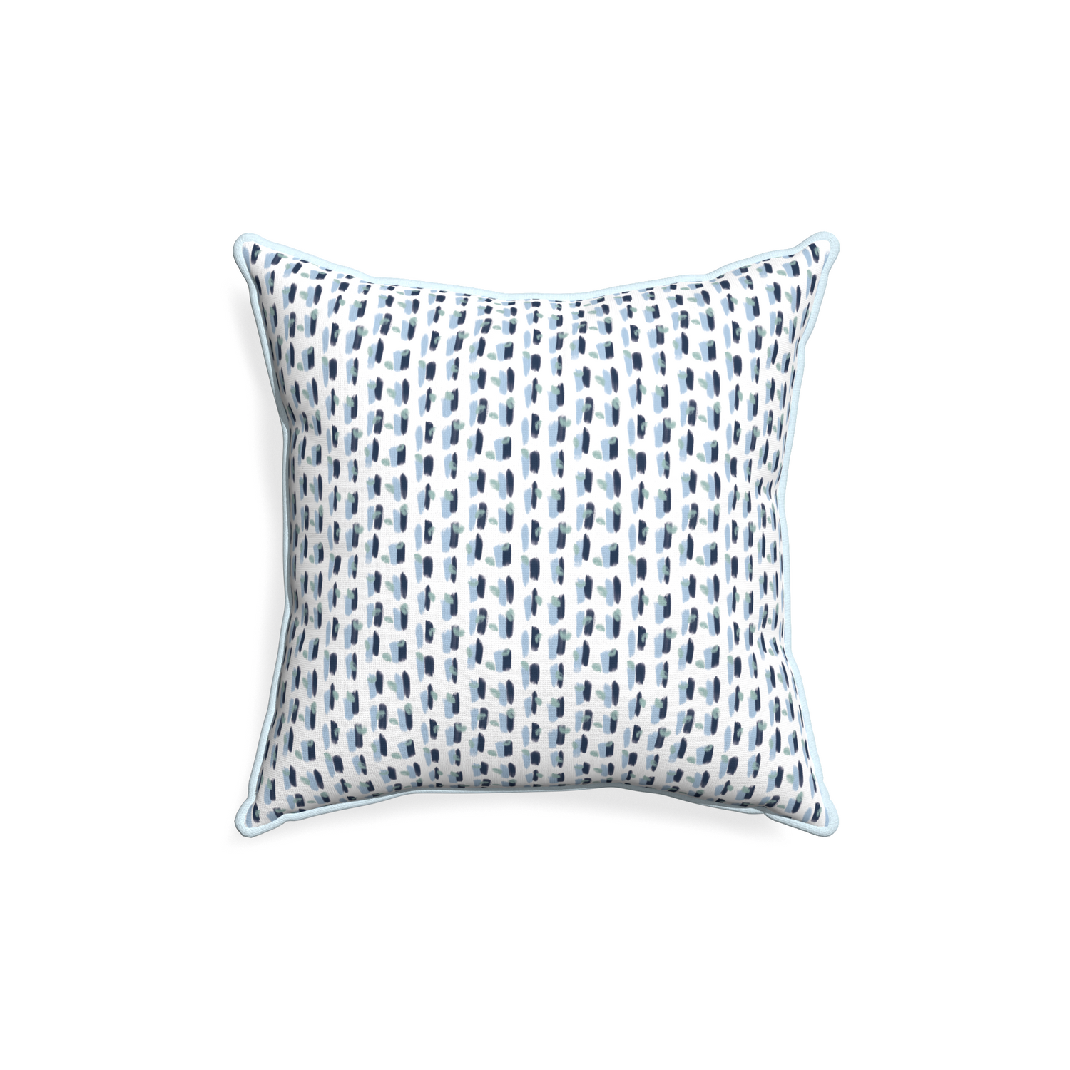 18-square poppy blue custom pillow with powder piping on white background