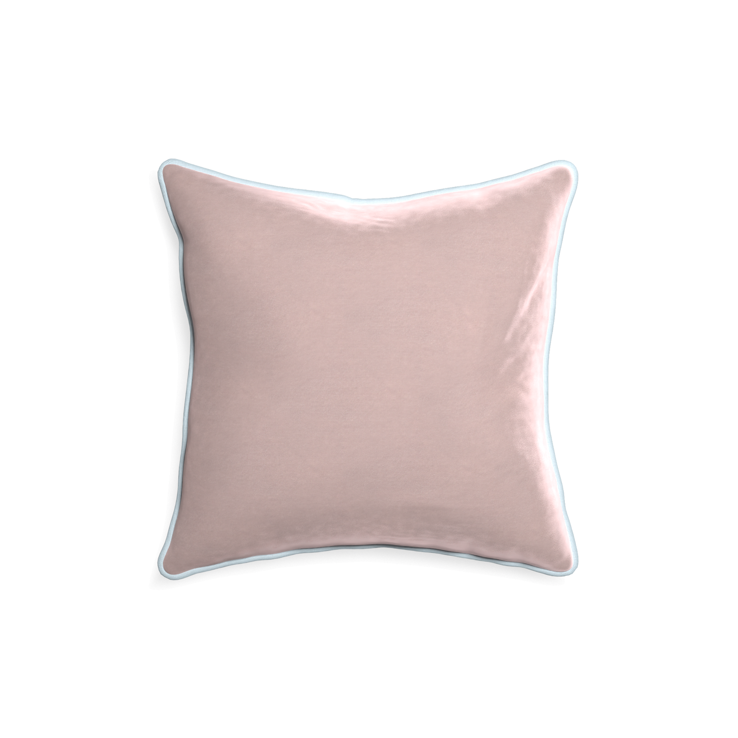 square light pink velvet pillow with light blue piping