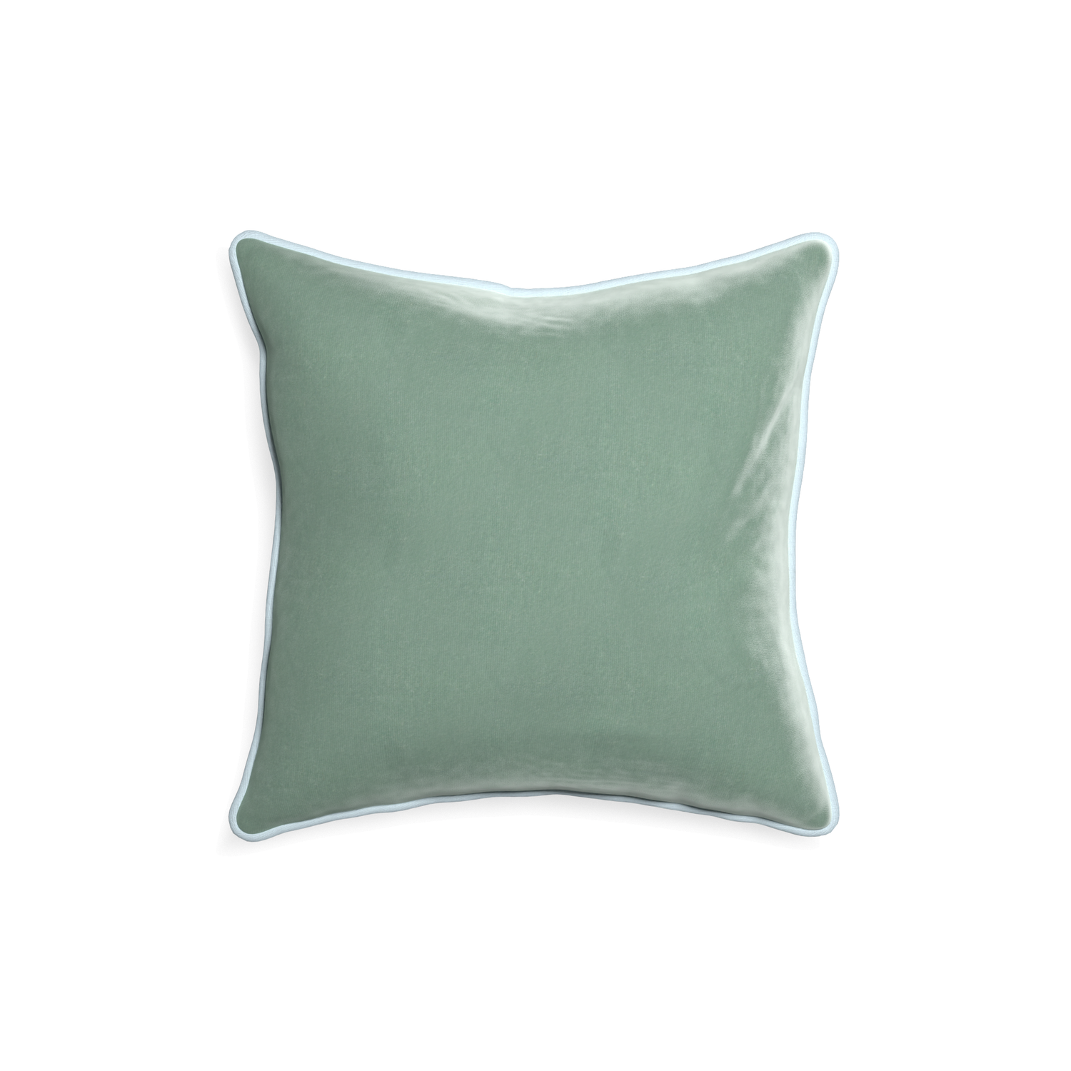 square blue green velvet pillow with light blue piping