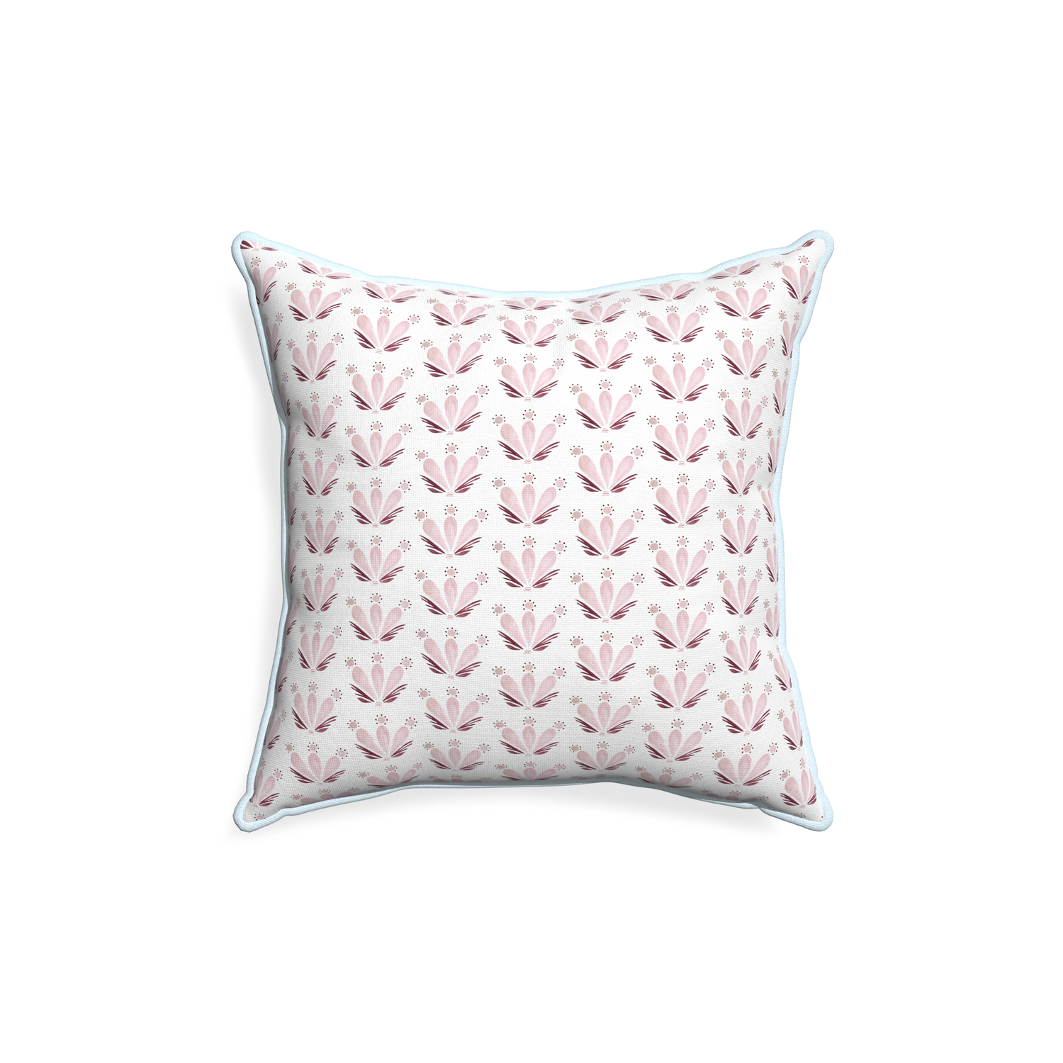 18-square serena pink custom pink & burgundy drop repeat floralpillow with powder piping on white background