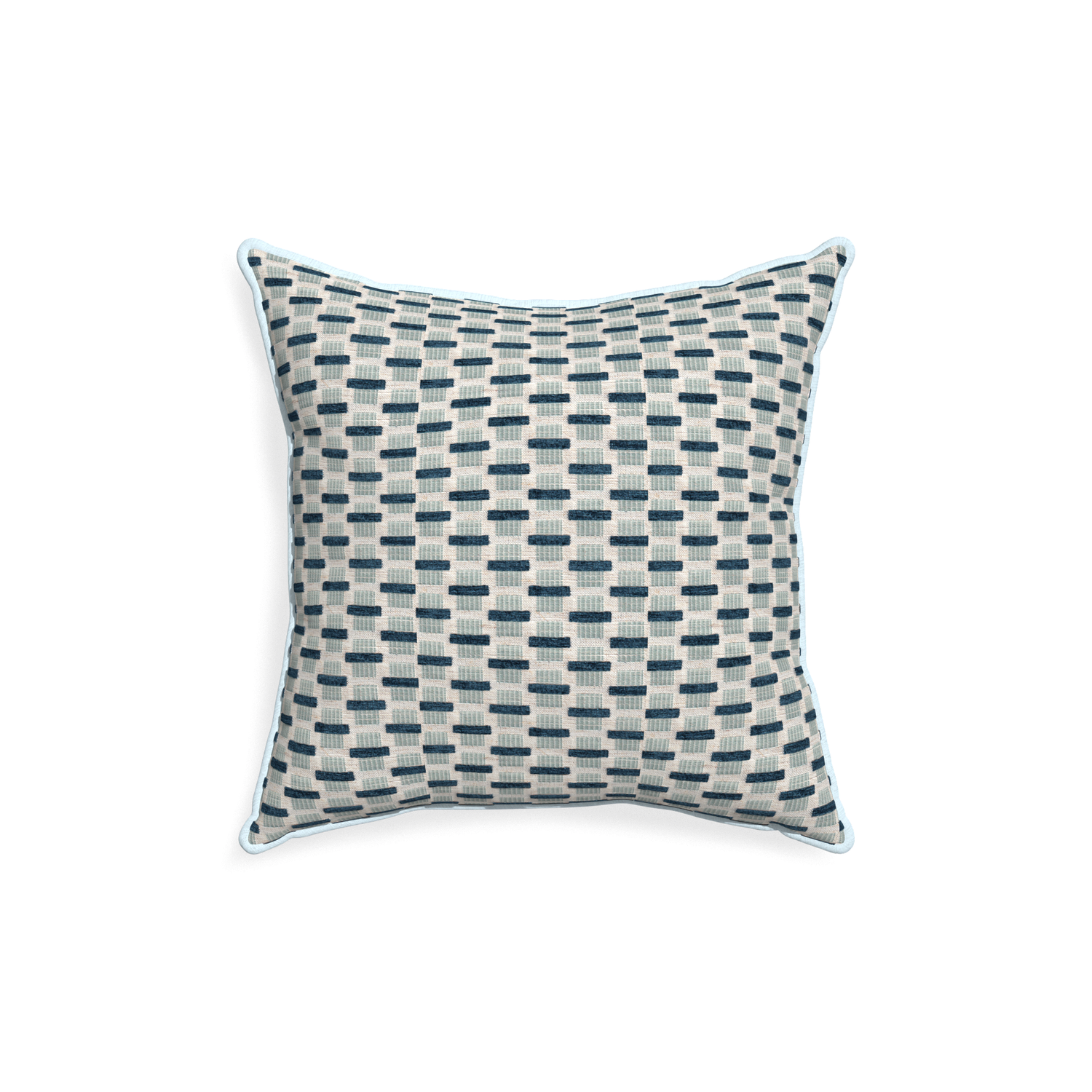 18-square willow amalfi custom blue geometric chenillepillow with powder piping on white background