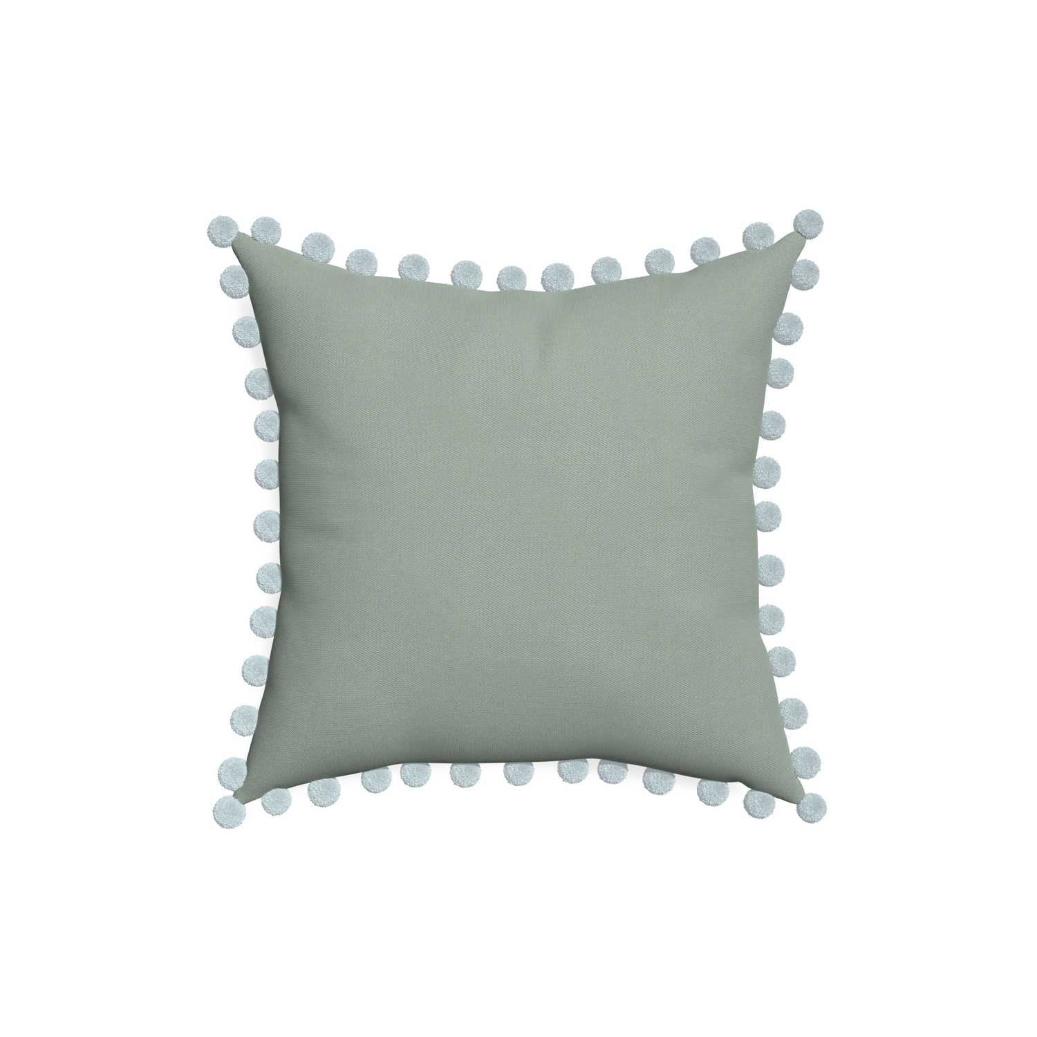 18-square sage custom pillow with powder pom pom on white background