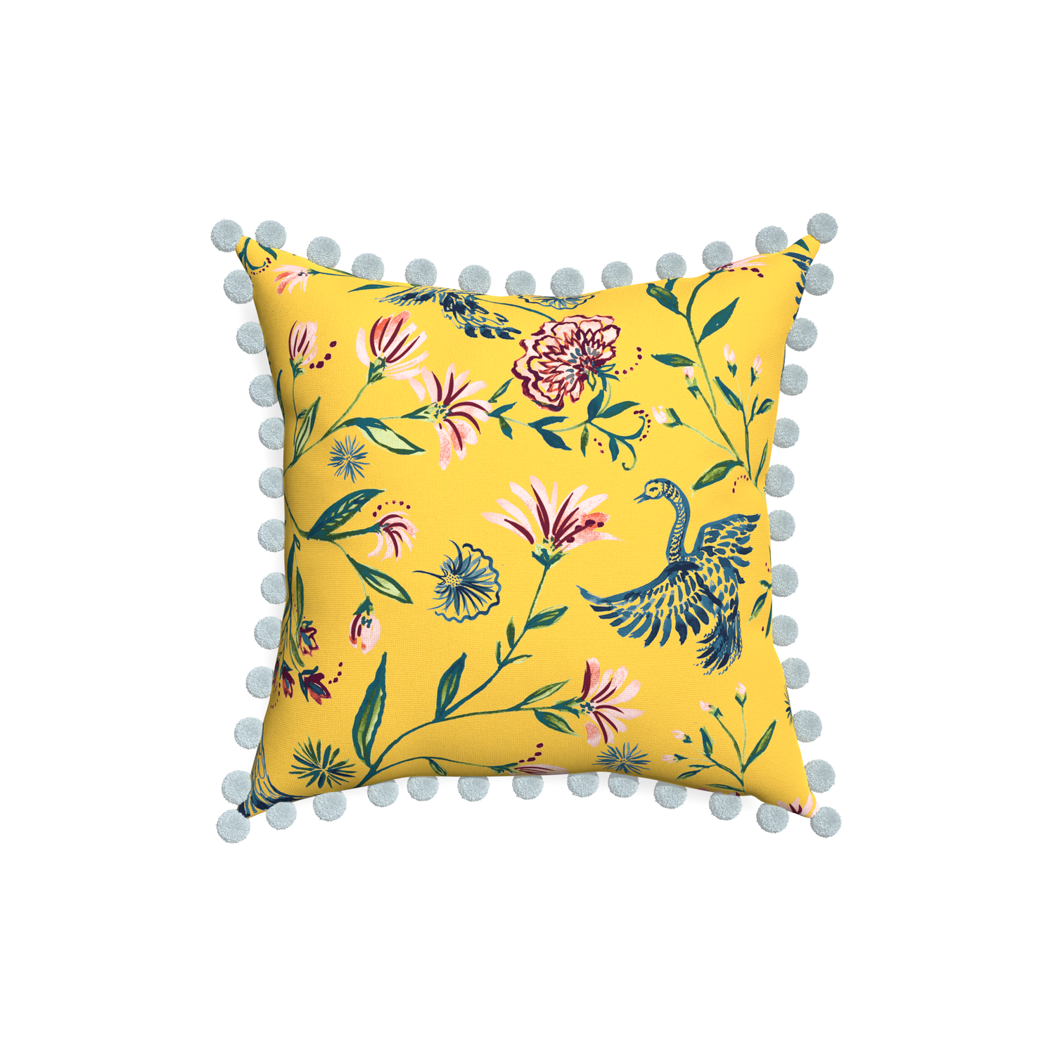 18-square daphne canary custom pillow with powder pom pom on white background