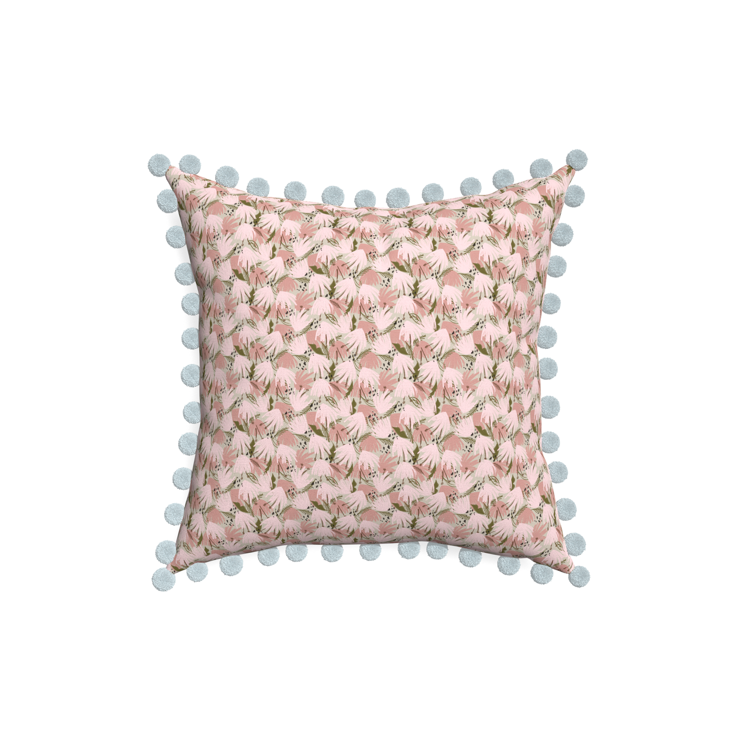 18-square eden pink custom pillow with powder pom pom on white background