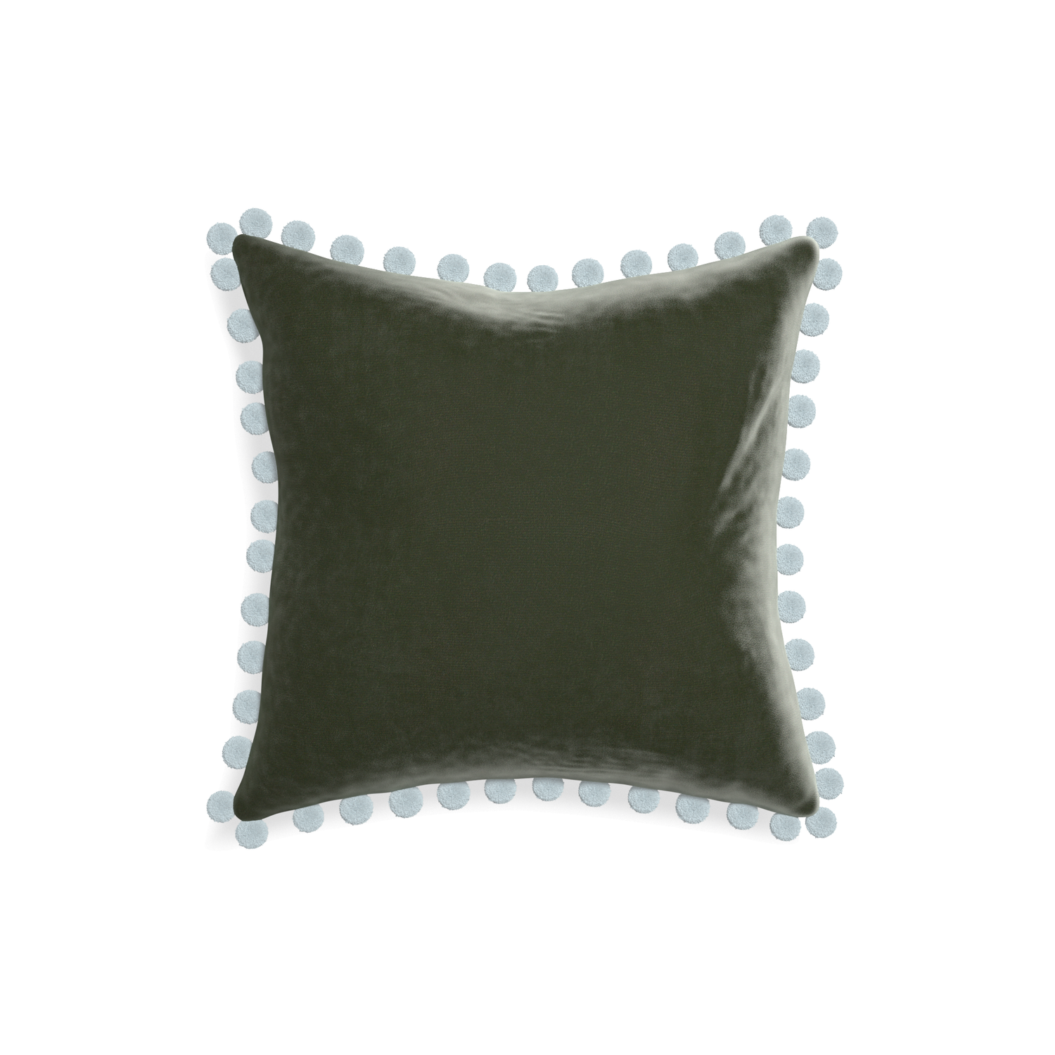 square fern green velvet pillow with light blue pom poms