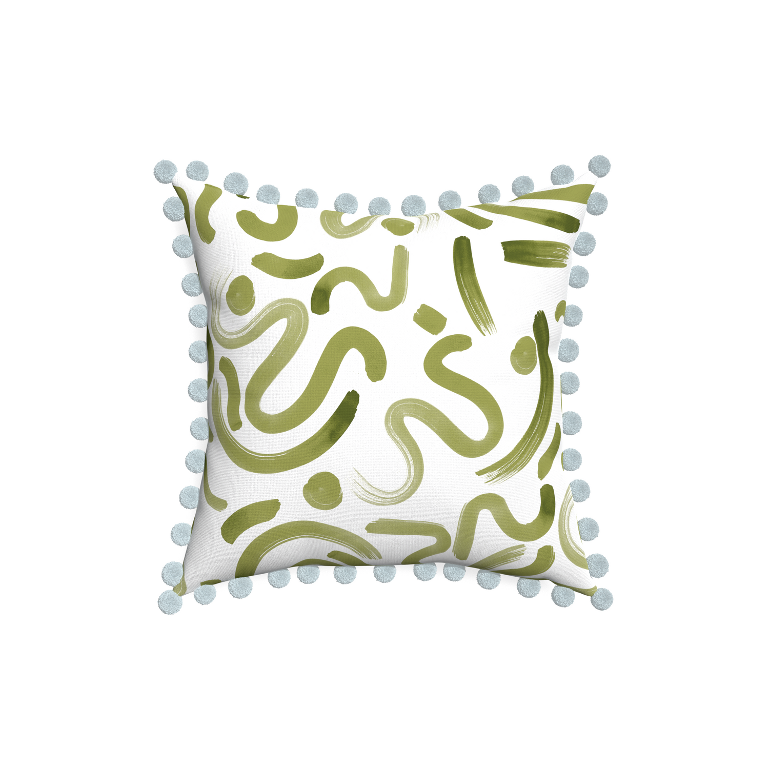 18-square hockney moss custom pillow with powder pom pom on white background