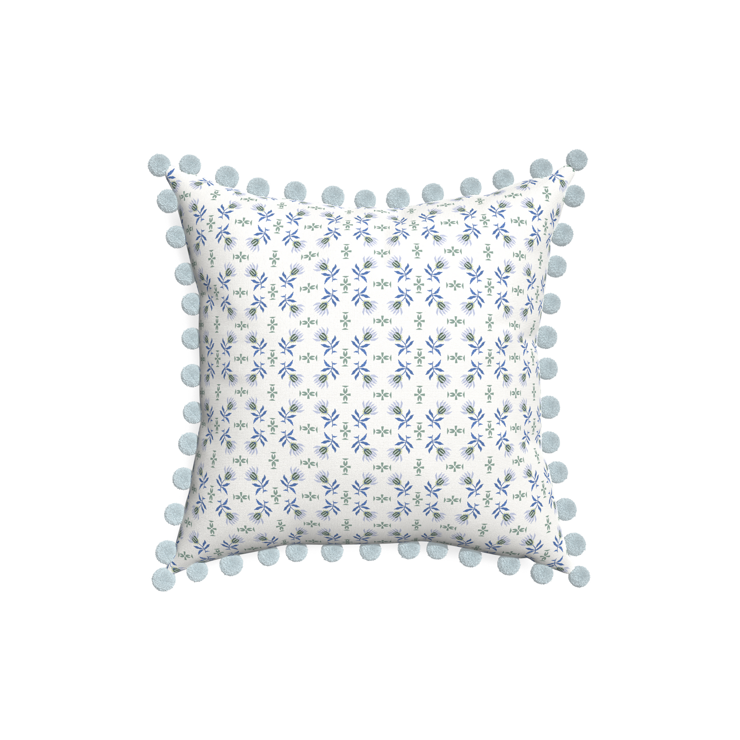 18-square lee custom blue & green floralpillow with powder pom pom on white background