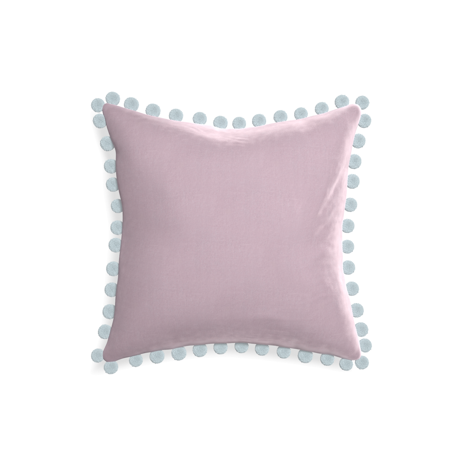 square lilac velvet pillow with light blue pom poms