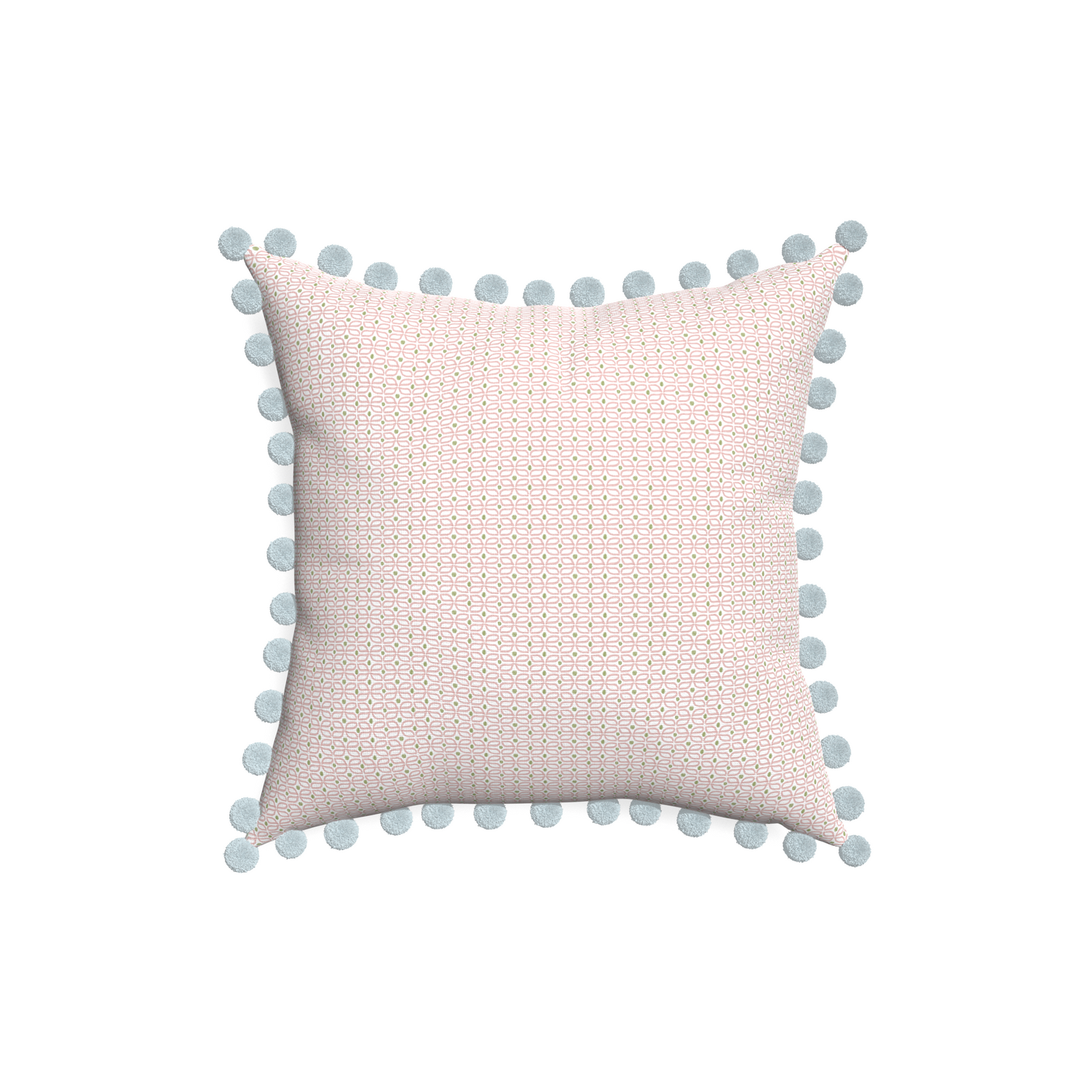 18-square loomi pink custom pillow with powder pom pom on white background