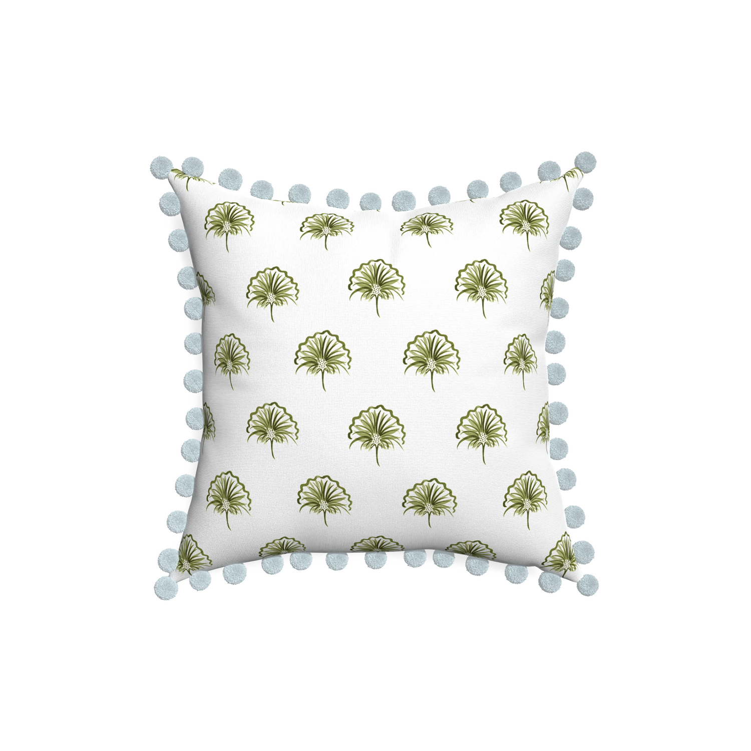 18-square penelope moss custom green floralpillow with powder pom pom on white background