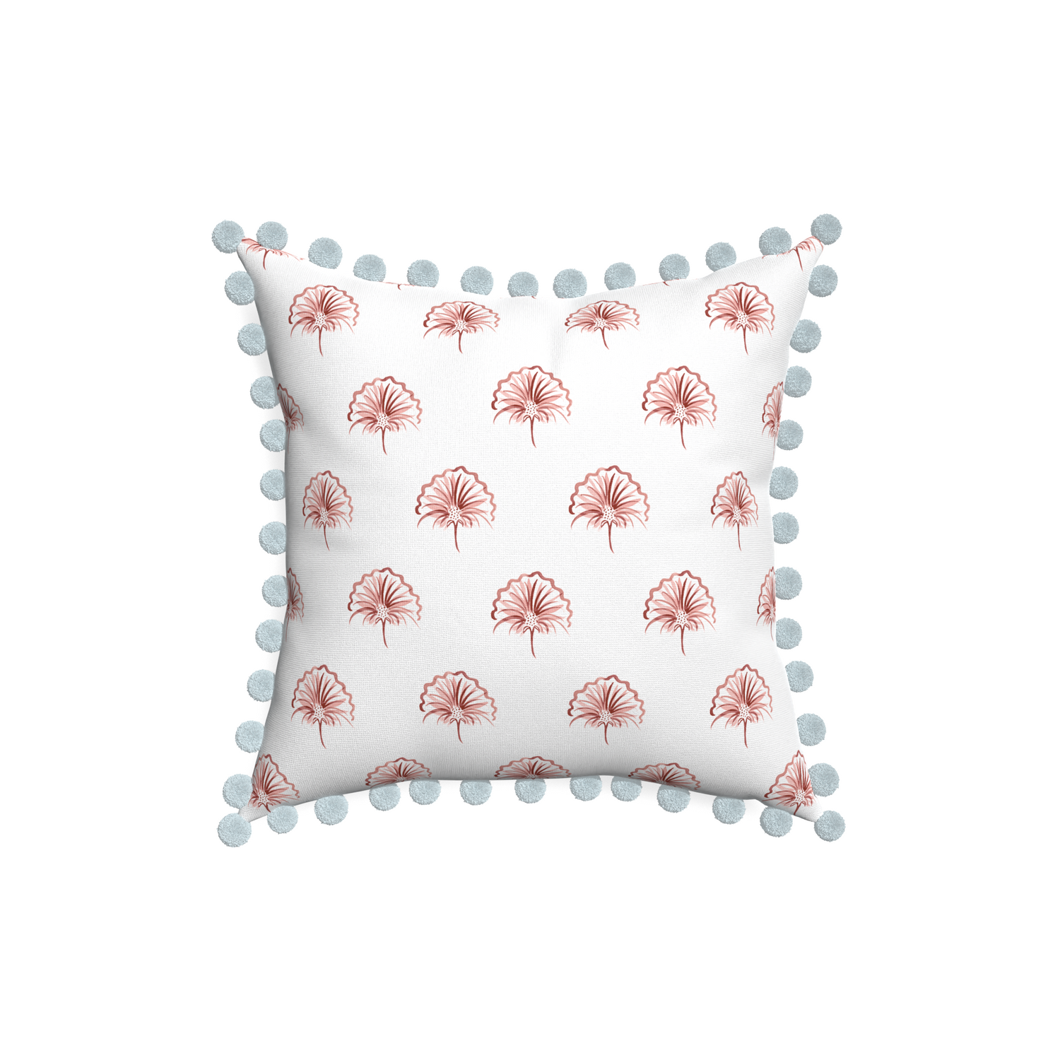 18-square penelope rose custom floral pinkpillow with powder pom pom on white background