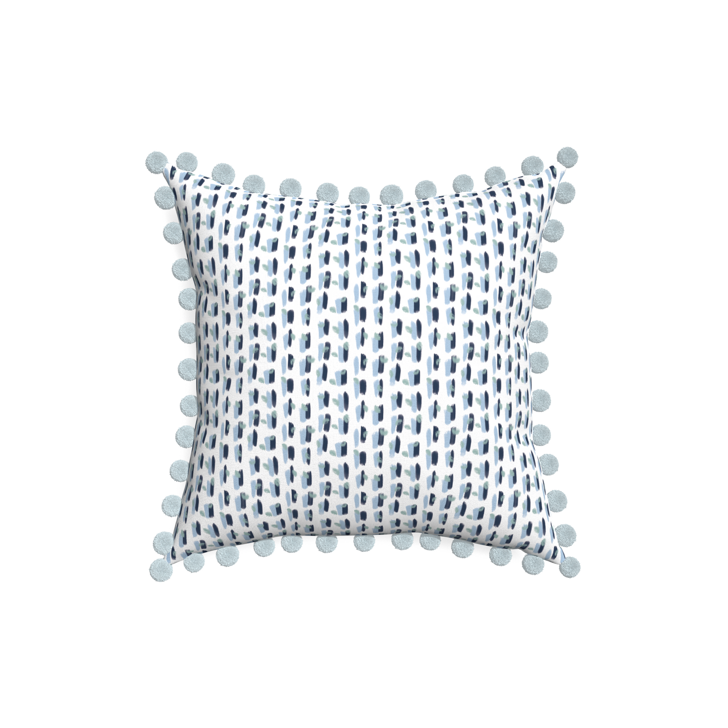 18-square poppy blue custom pillow with powder pom pom on white background
