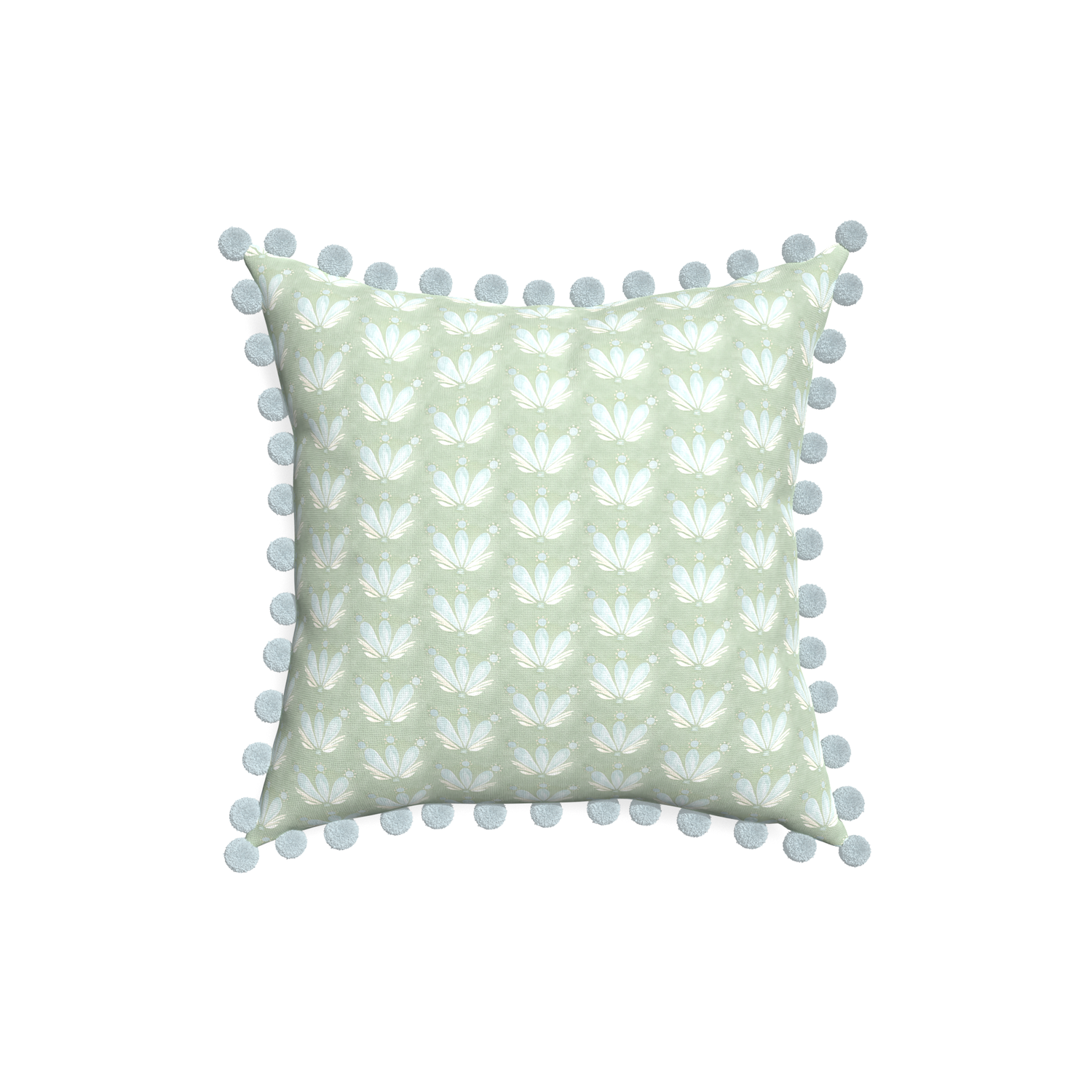 18-square serena sea salt custom blue & green floral drop repeatpillow with powder pom pom on white background