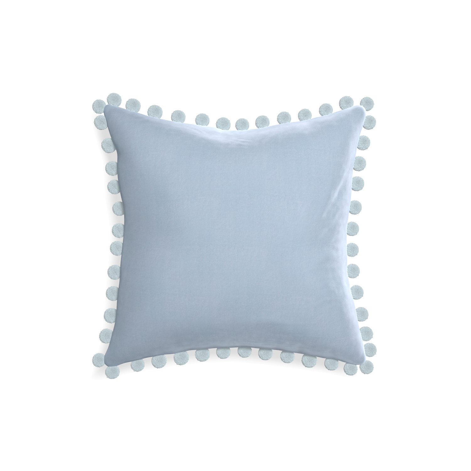 18-square sky velvet custom pillow with powder pom pom on white background