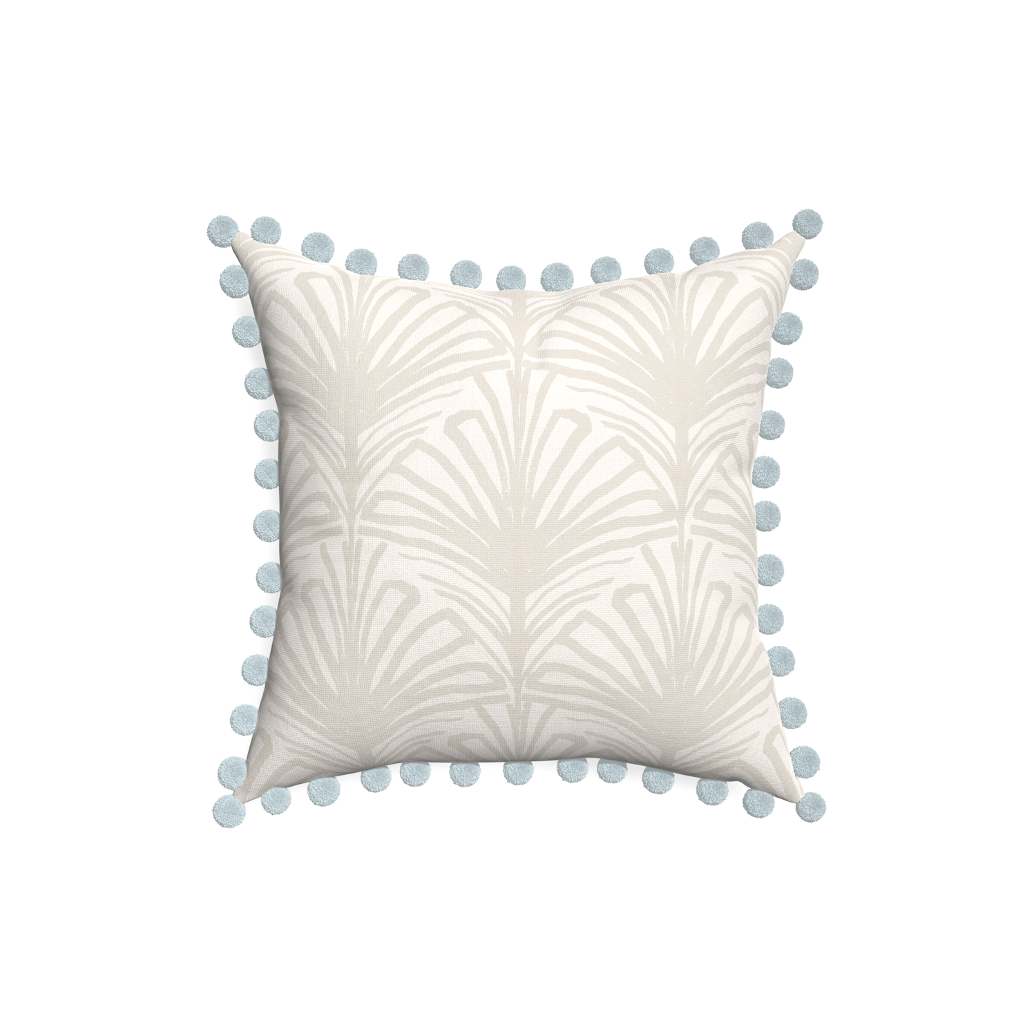 18-square suzy sand custom pillow with powder pom pom on white background