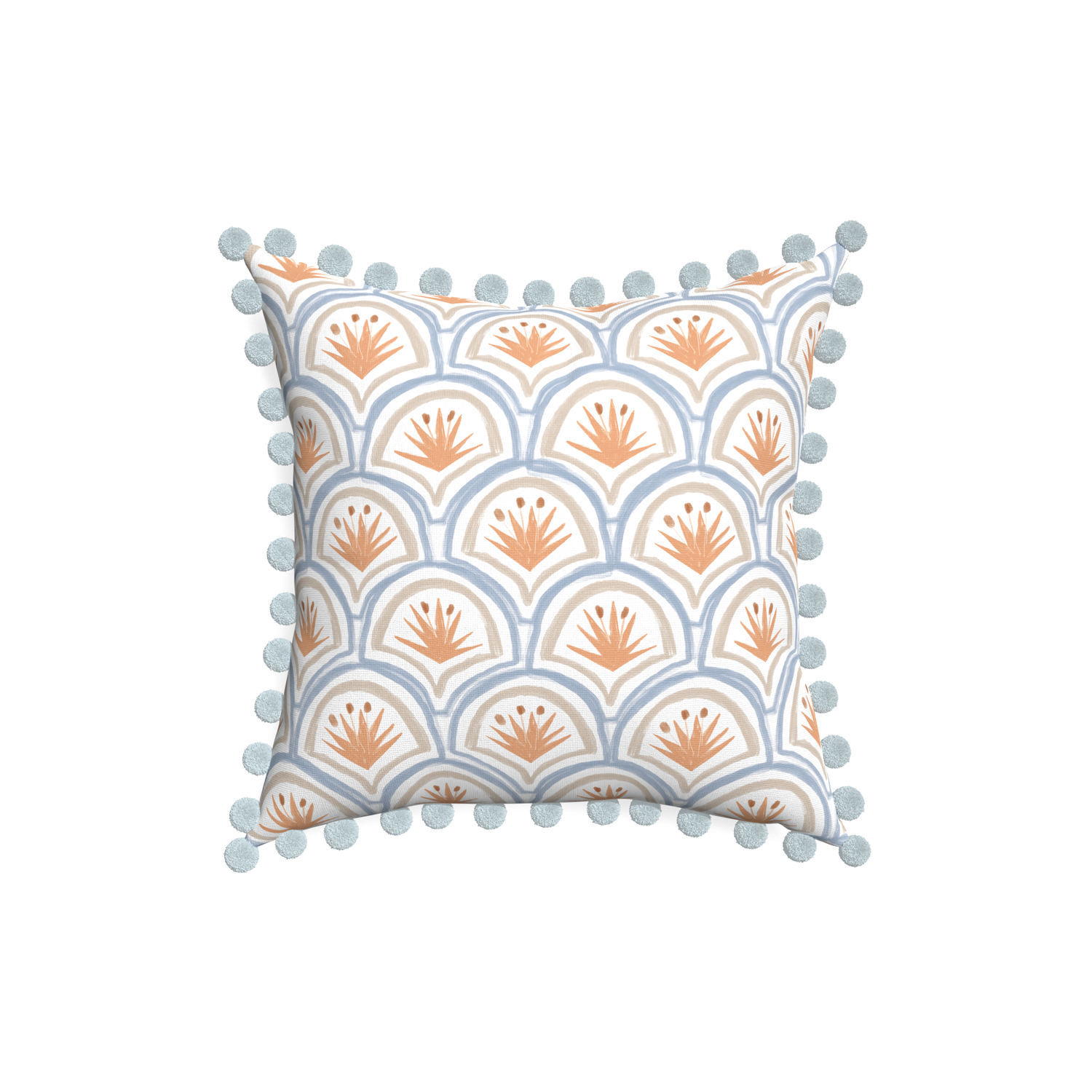 18-square thatcher apricot custom art deco palm patternpillow with powder pom pom on white background