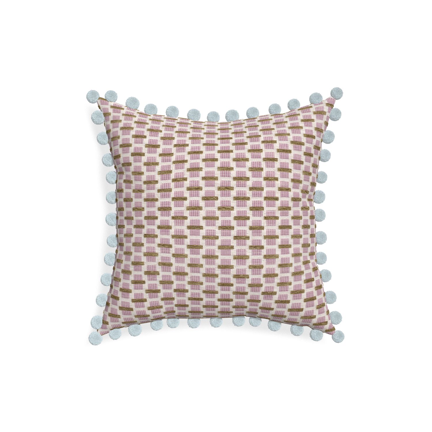 18-square willow orchid custom pink geometric chenillepillow with powder pom pom on white background