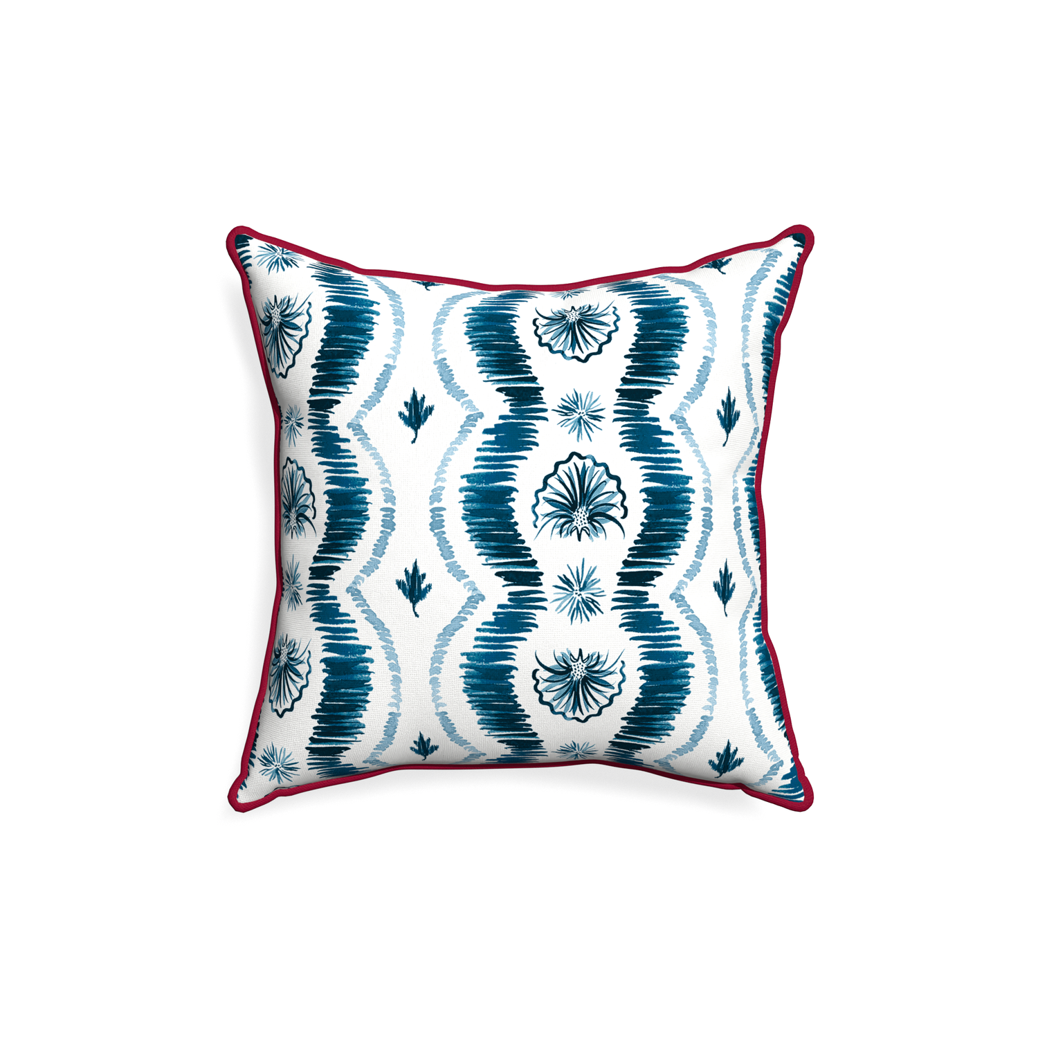 18-square alice custom blue ikatpillow with raspberry piping on white background