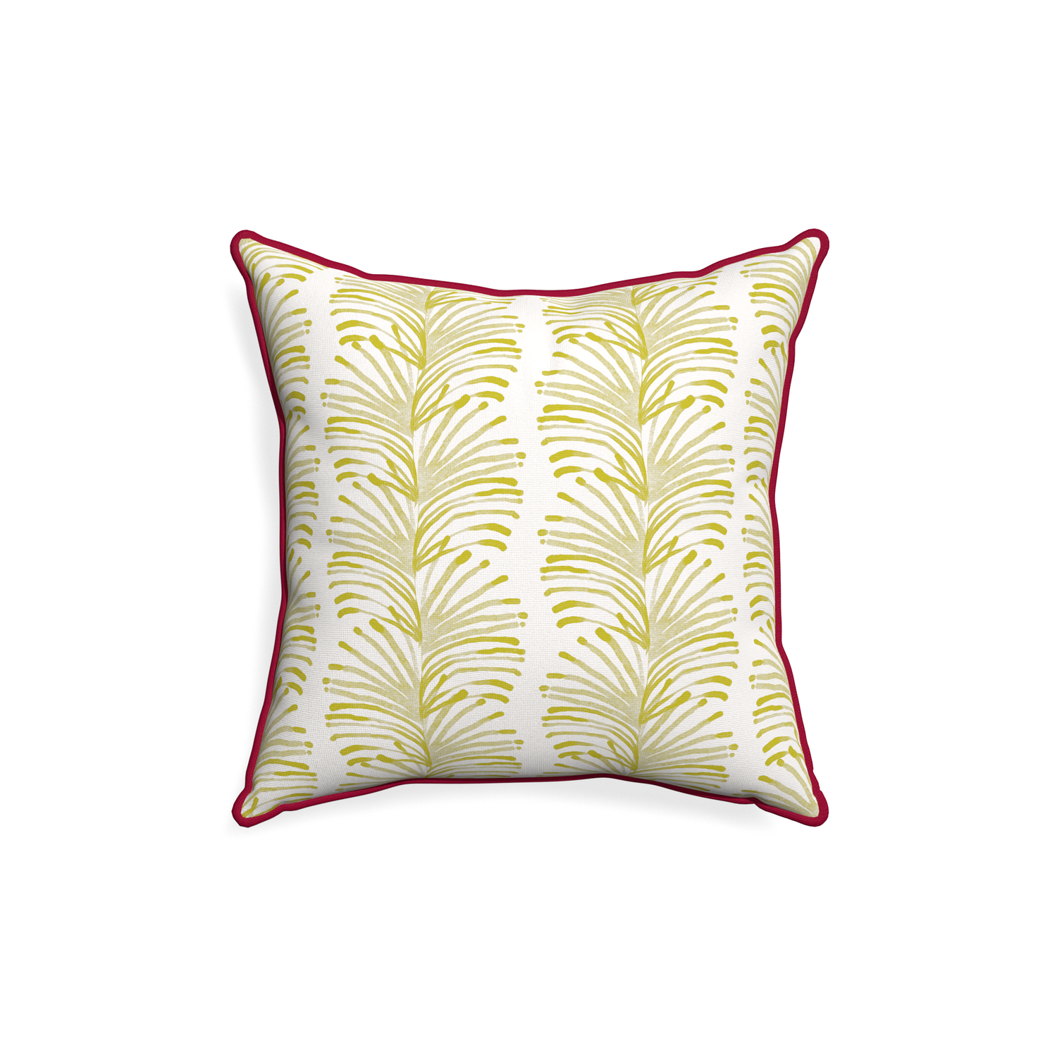 18-square emma chartreuse custom pillow with raspberry piping on white background