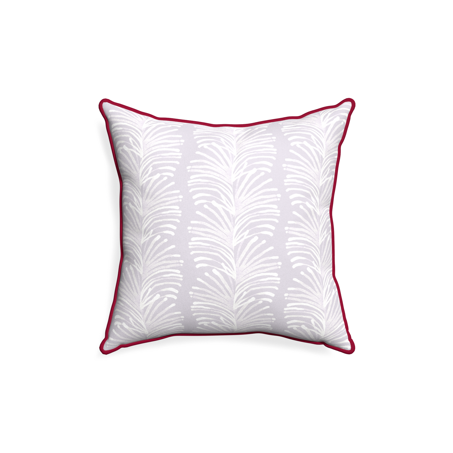 18-square emma lavender custom pillow with raspberry piping on white background