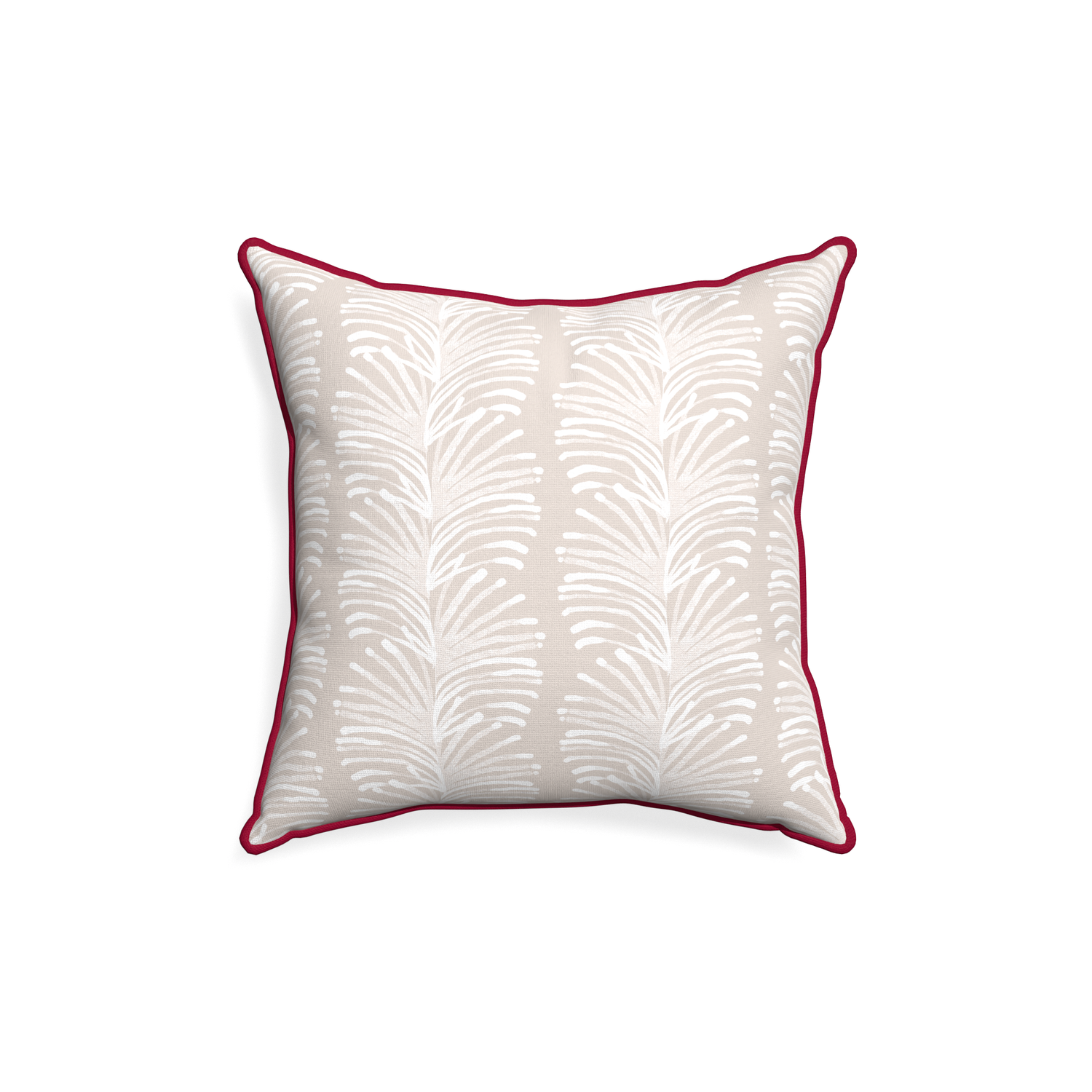18-square emma sand custom pillow with raspberry piping on white background