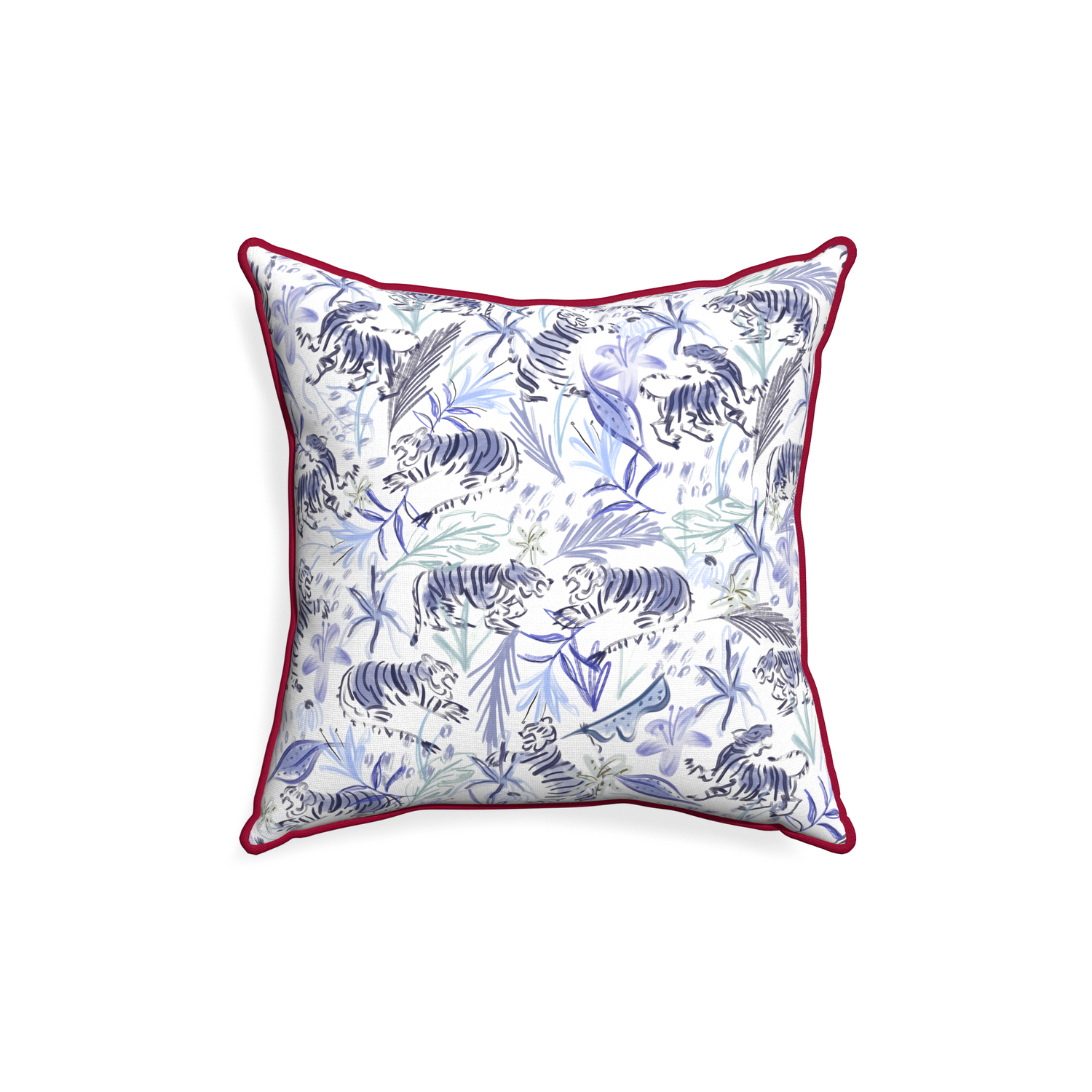 18-square frida blue custom blue with intricate tiger designpillow with raspberry piping on white background