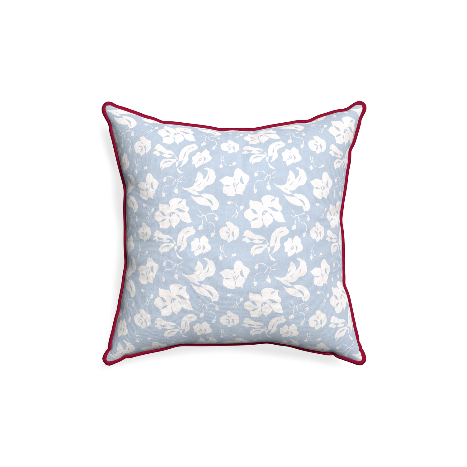 18-square georgia custom cornflower blue floralpillow with raspberry piping on white background