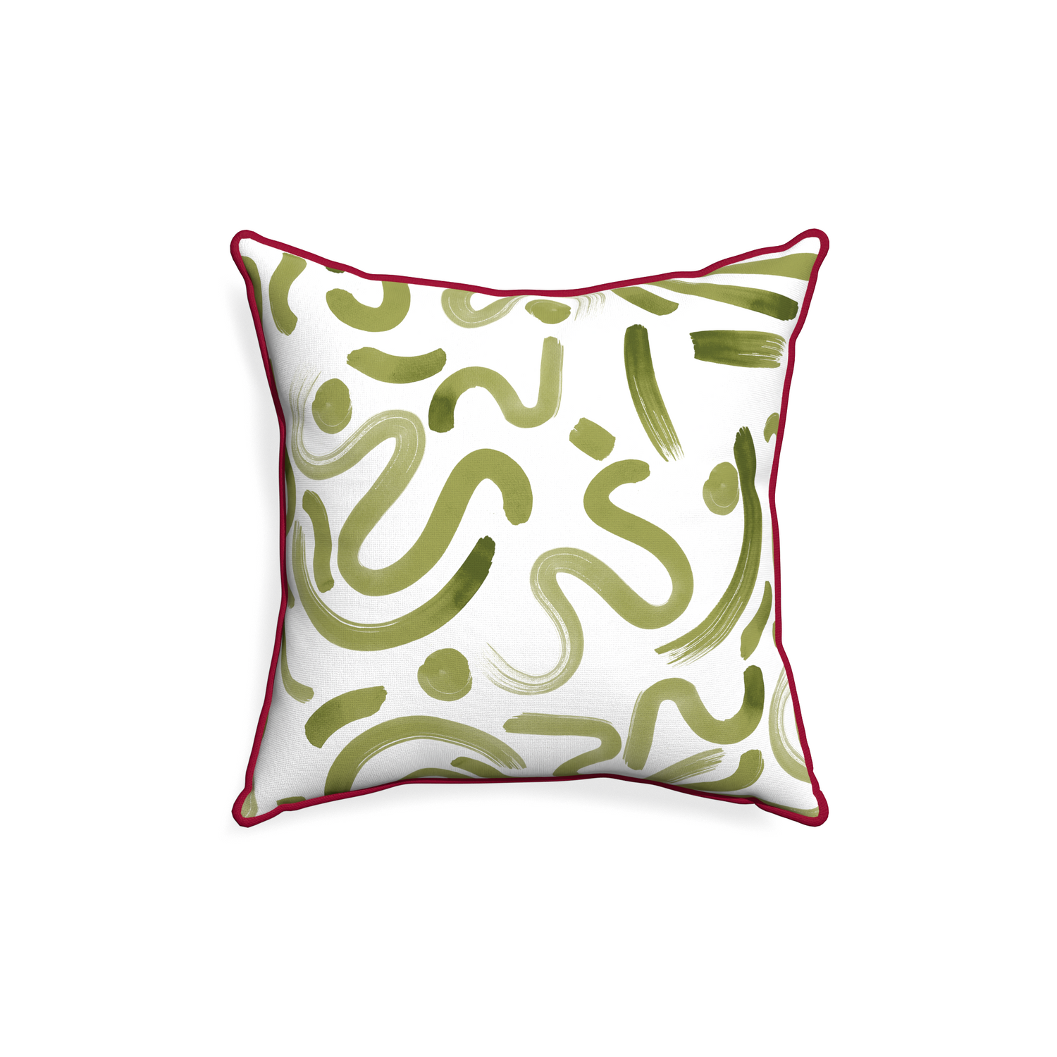 18-square hockney moss custom pillow with raspberry piping on white background