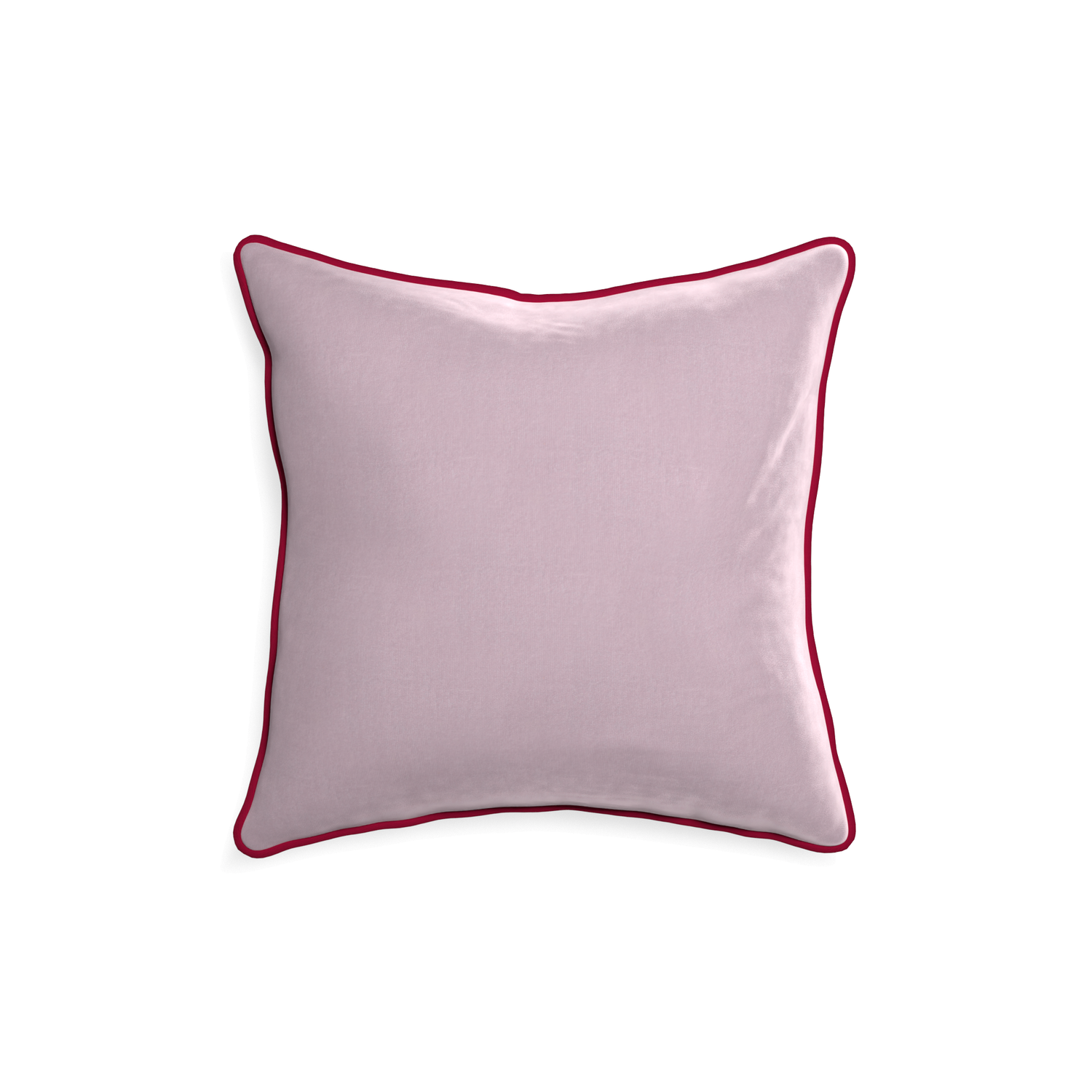 18-square lilac velvet custom pillow with raspberry piping on white background