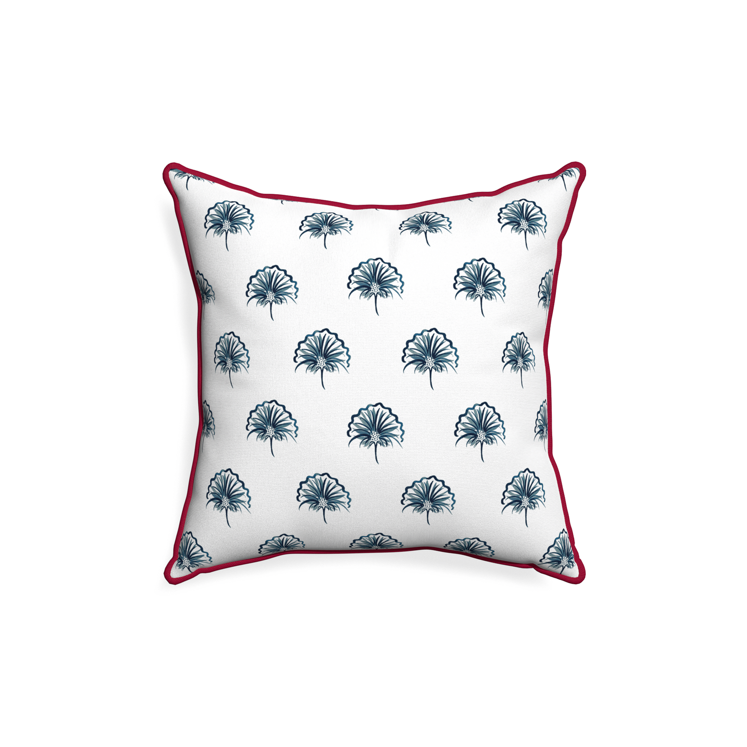 18-square penelope midnight custom pillow with raspberry piping on white background