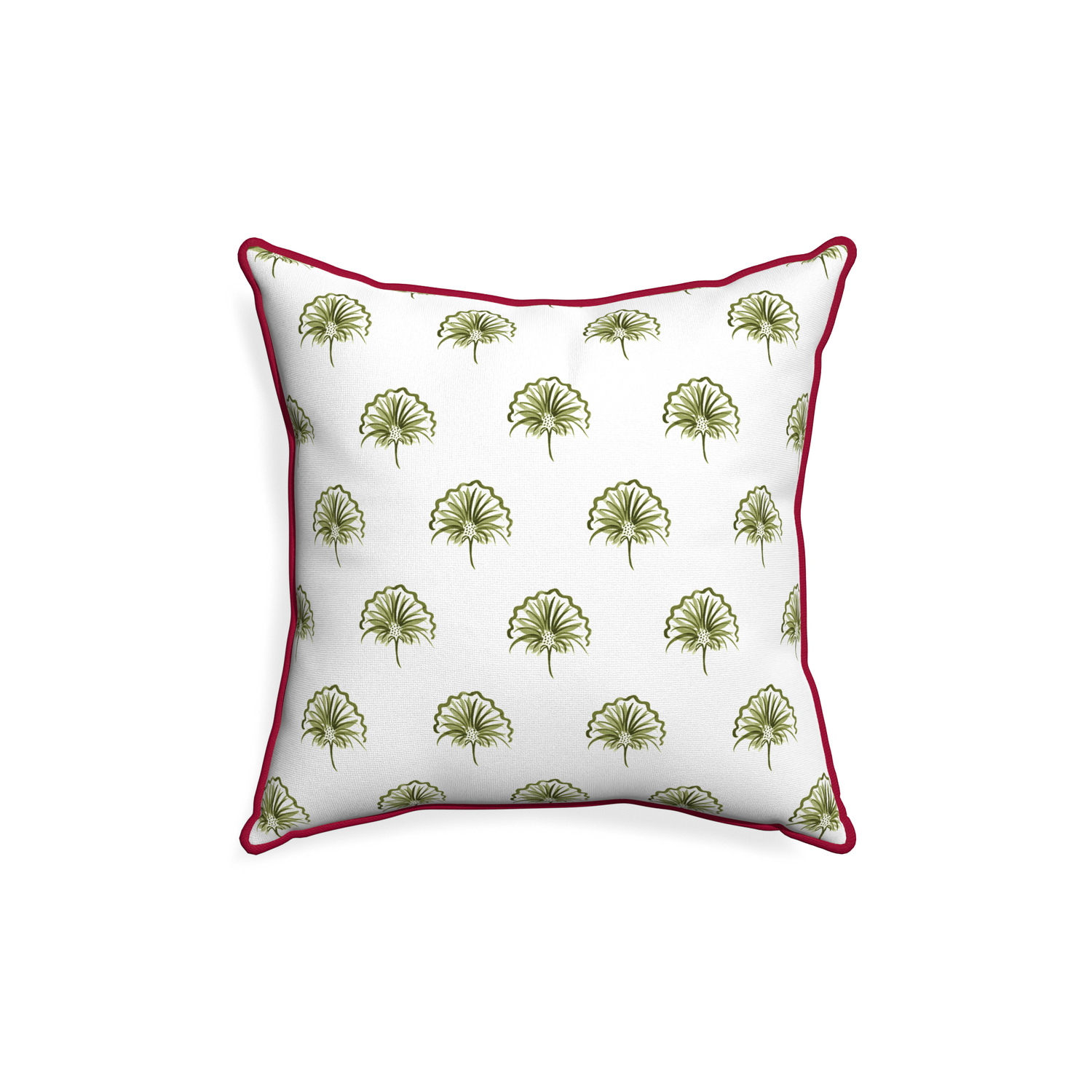 18-square penelope moss custom pillow with raspberry piping on white background
