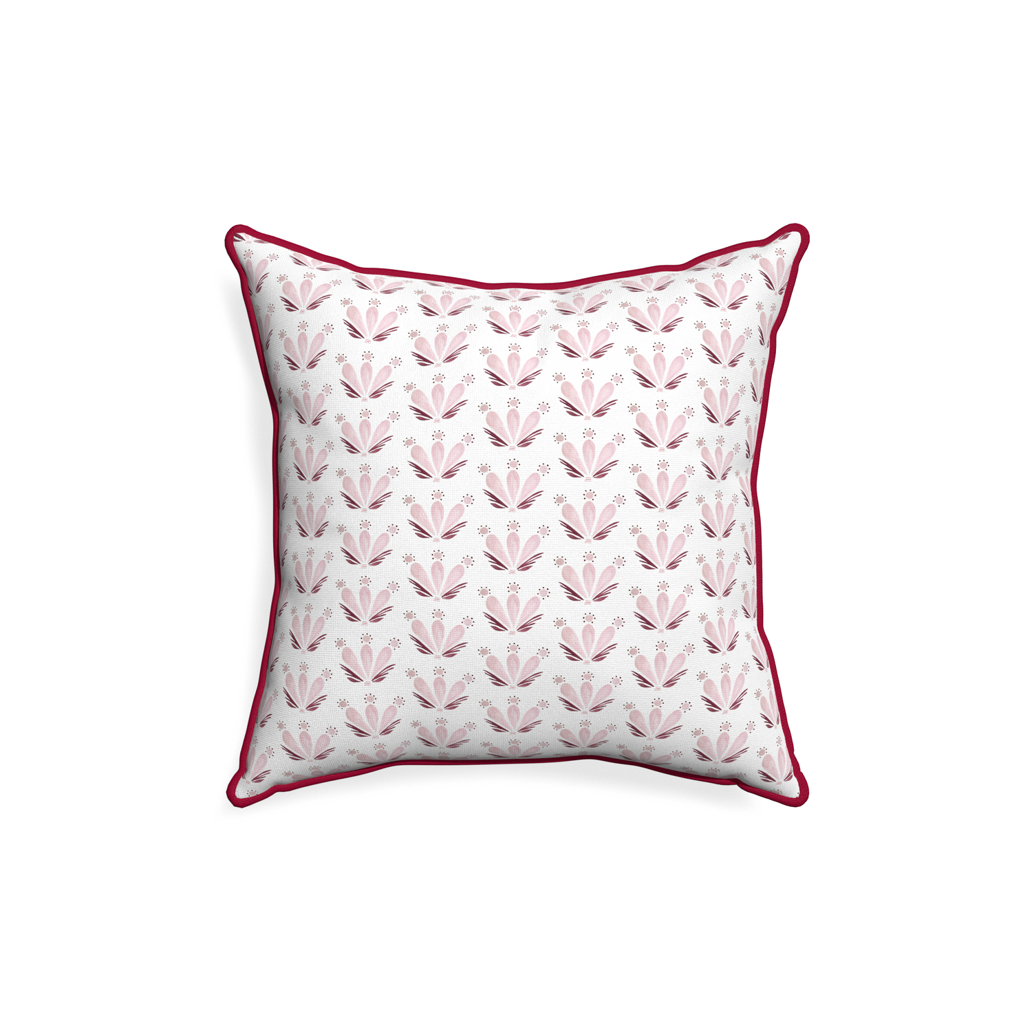 18-square serena pink custom pink & burgundy drop repeat floralpillow with raspberry piping on white background