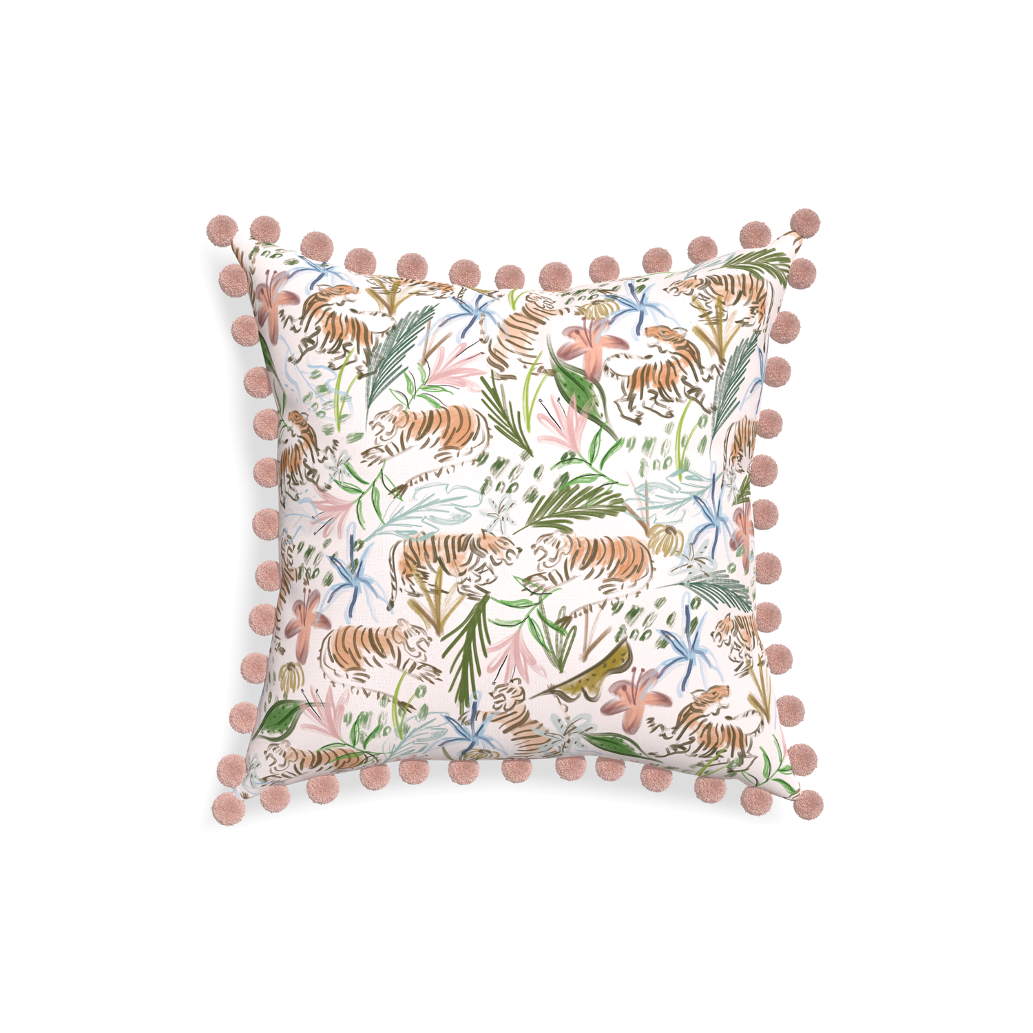 18-square frida pink custom pink chinoiserie tigerpillow with rose pom pom on white background
