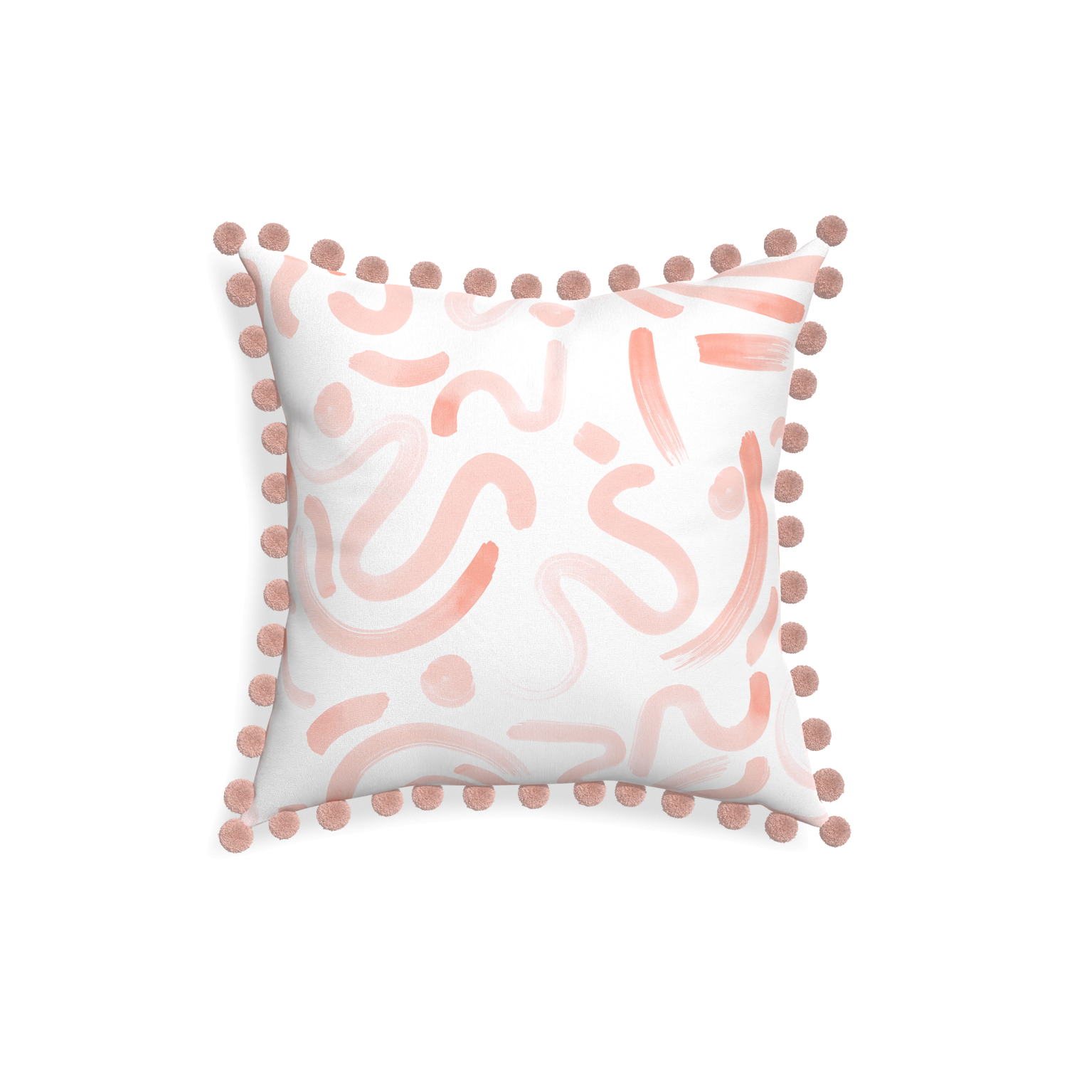 pink abstract pillow with rose pink pom poms