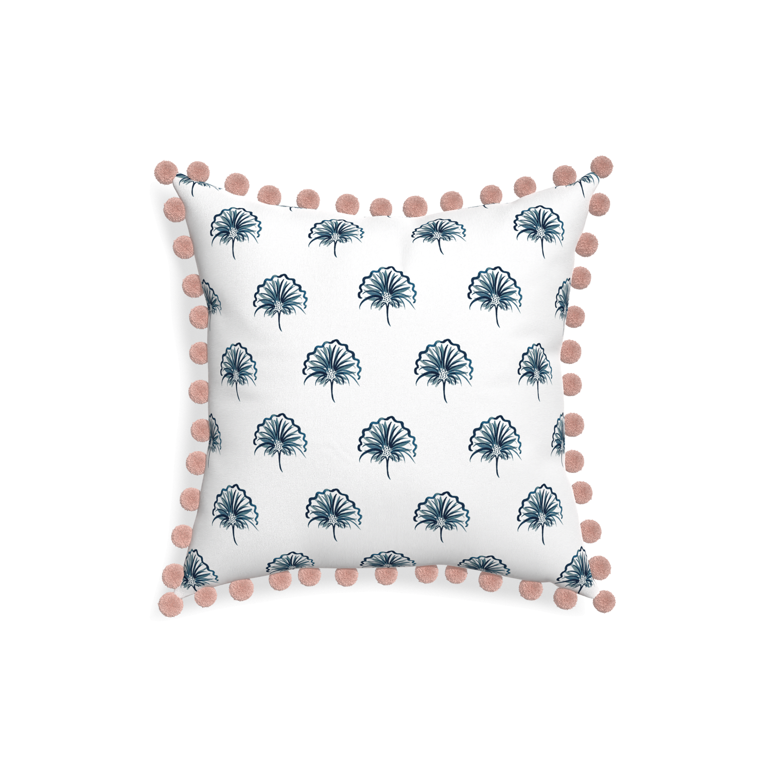 18-square penelope midnight custom floral navypillow with rose pom pom on white background