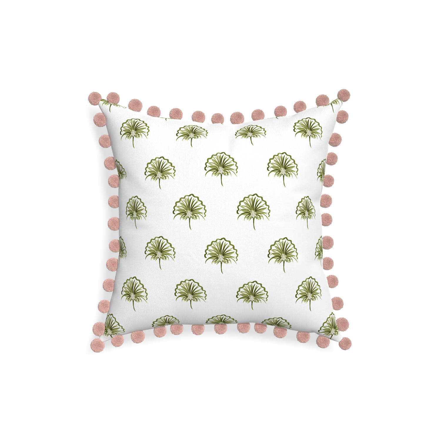 18-square penelope moss custom green floralpillow with rose pom pom on white background