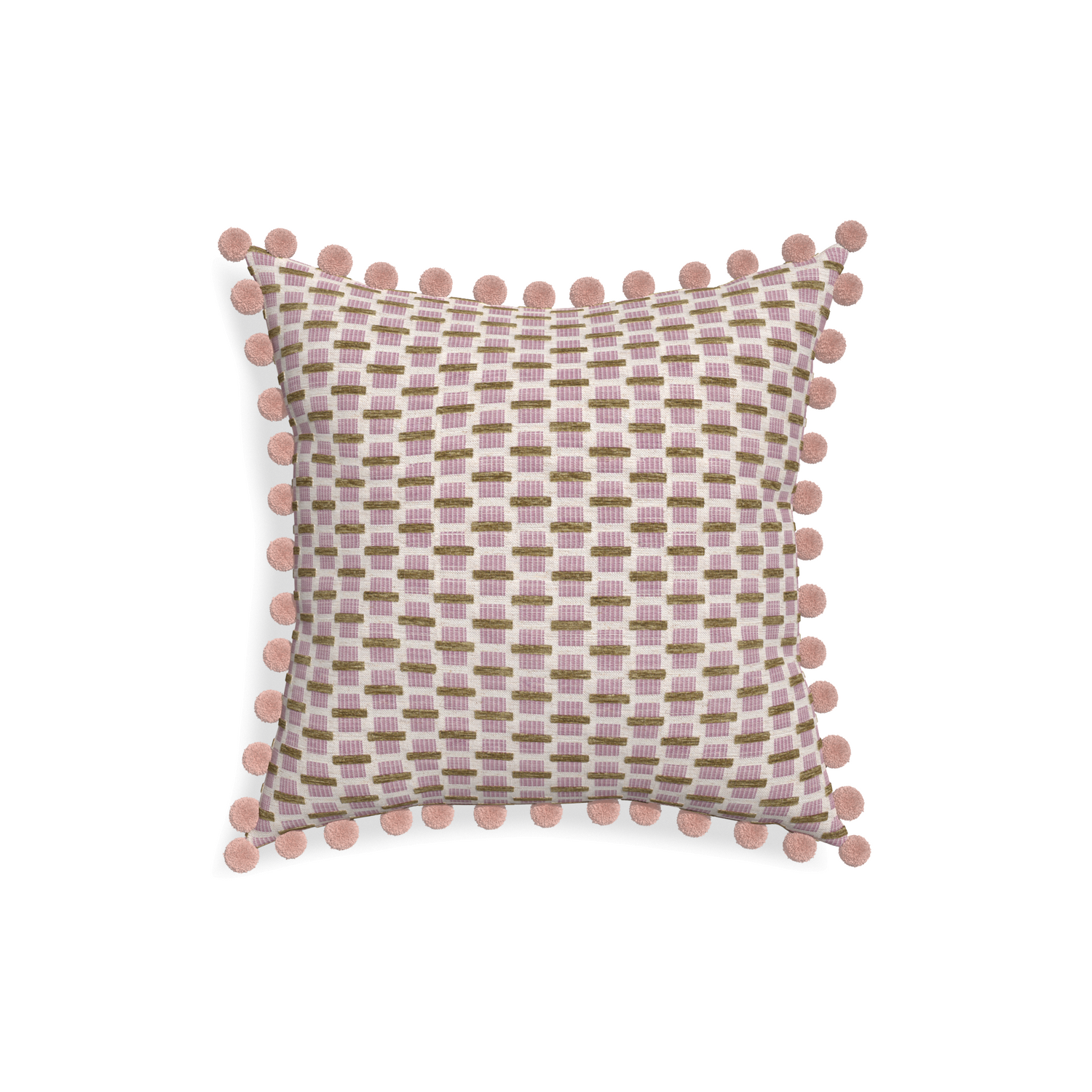 woven pink chenille jacquard pillow with rose pink pom poms