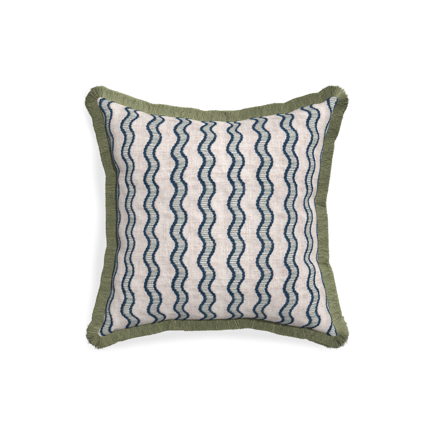 18-square beatrice custom embroidered wavepillow with sage fringe on white background