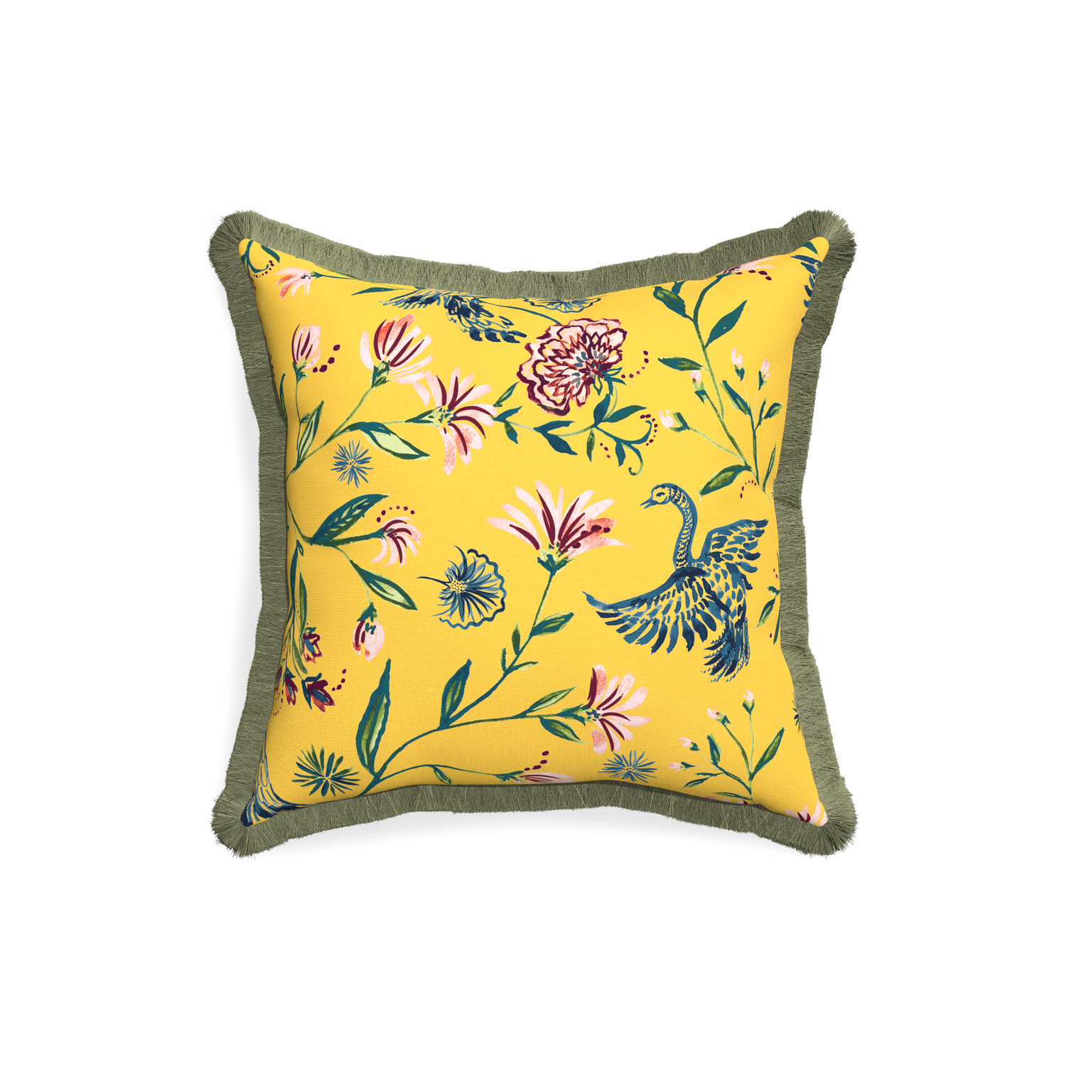 18-square daphne canary custom pillow with sage fringe on white background