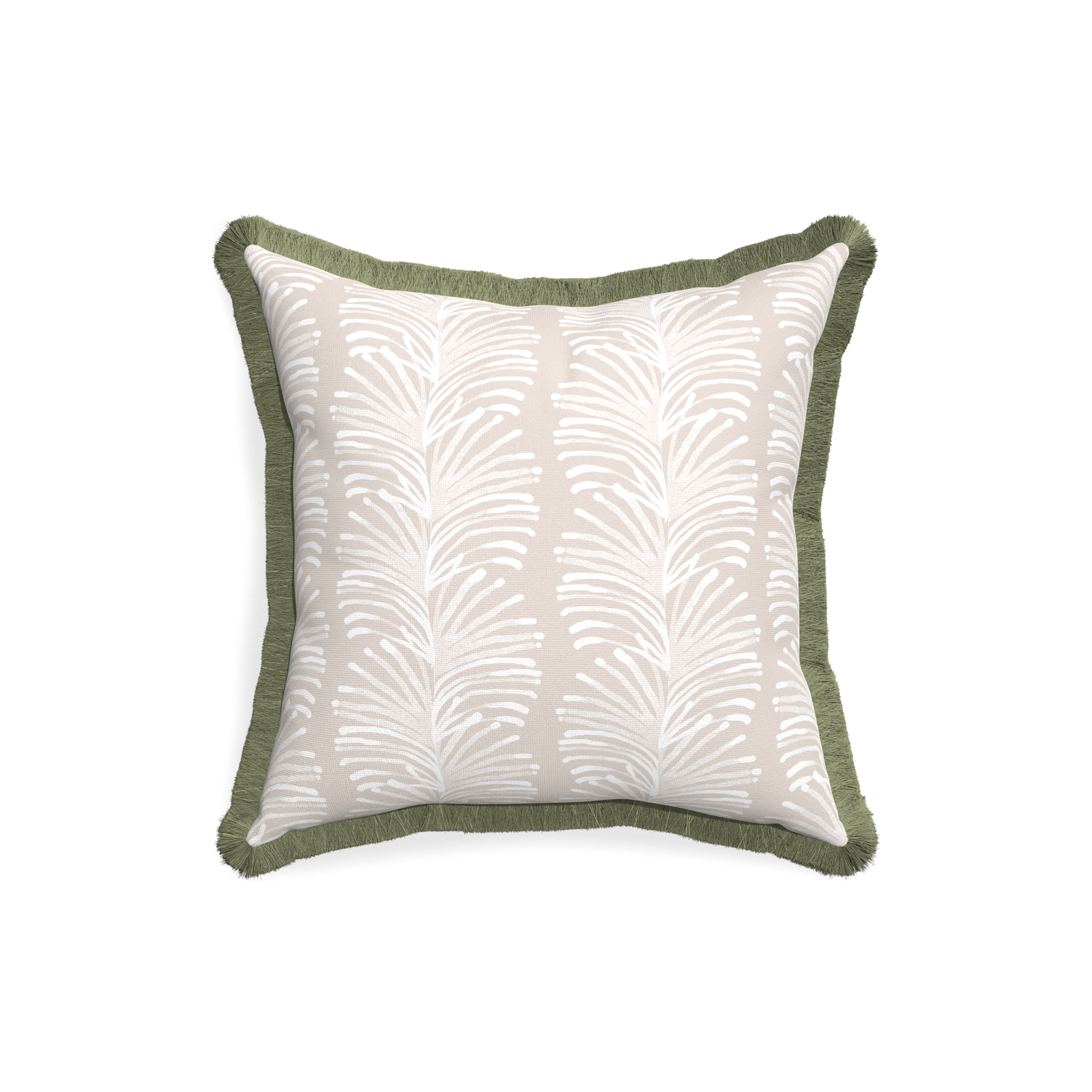 18-square emma sand custom sand colored botanical stripepillow with sage fringe on white background
