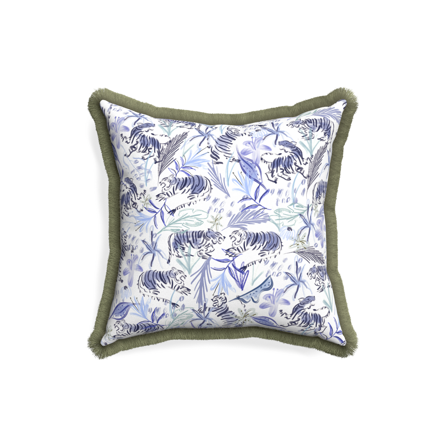 18-square frida blue custom blue with intricate tiger designpillow with sage fringe on white background
