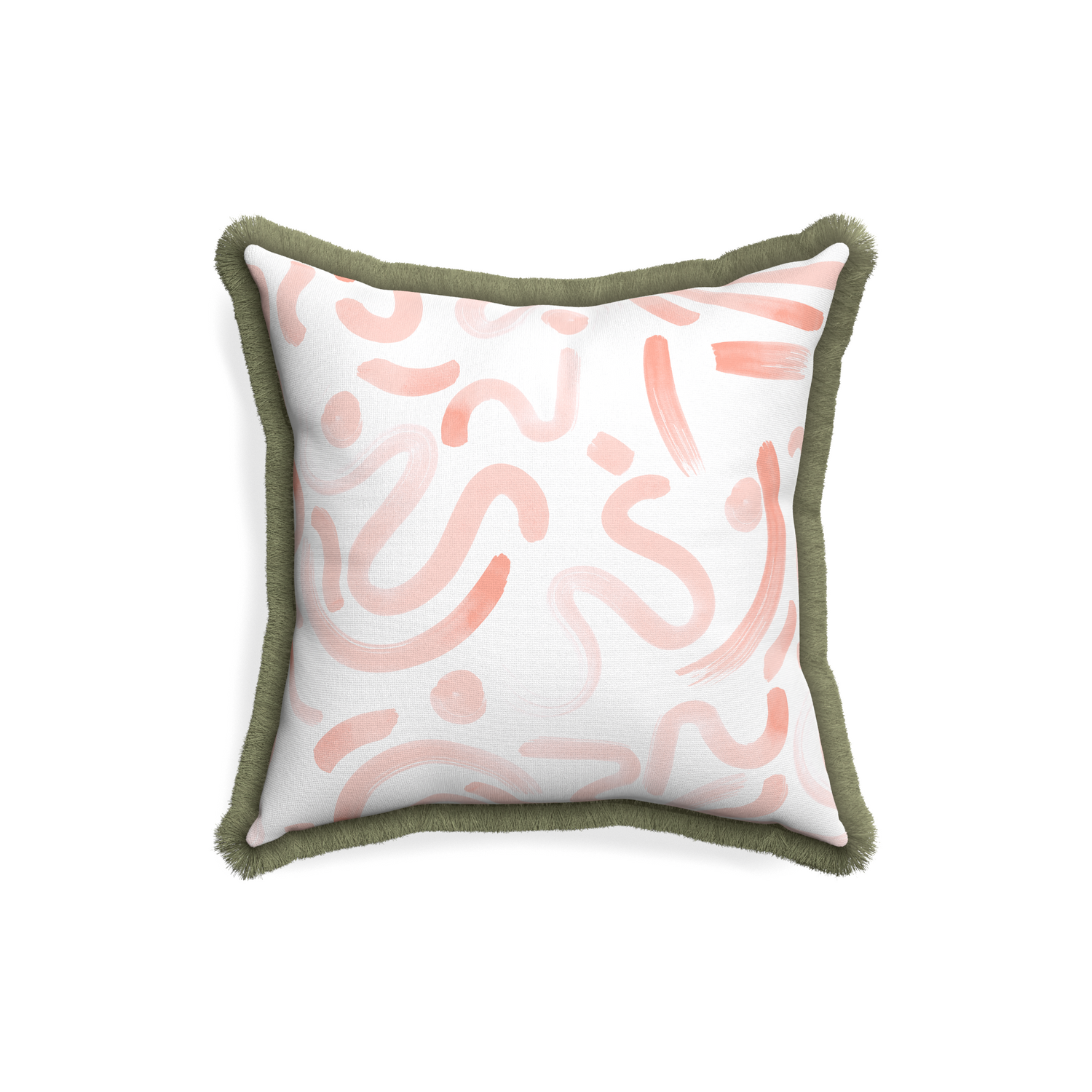 18-square hockney pink custom pillow with sage fringe on white background
