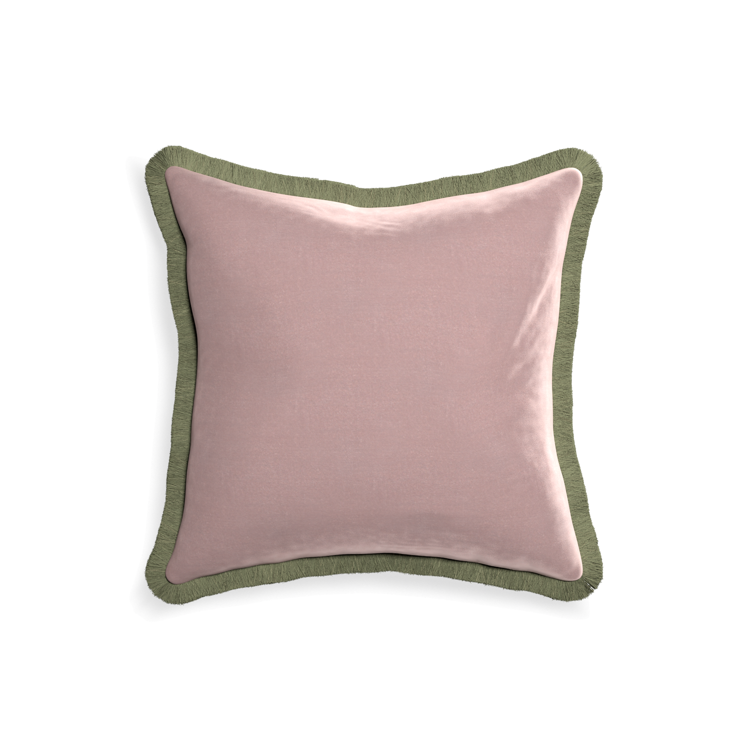 square mauve velvet pillow with sage green fringe