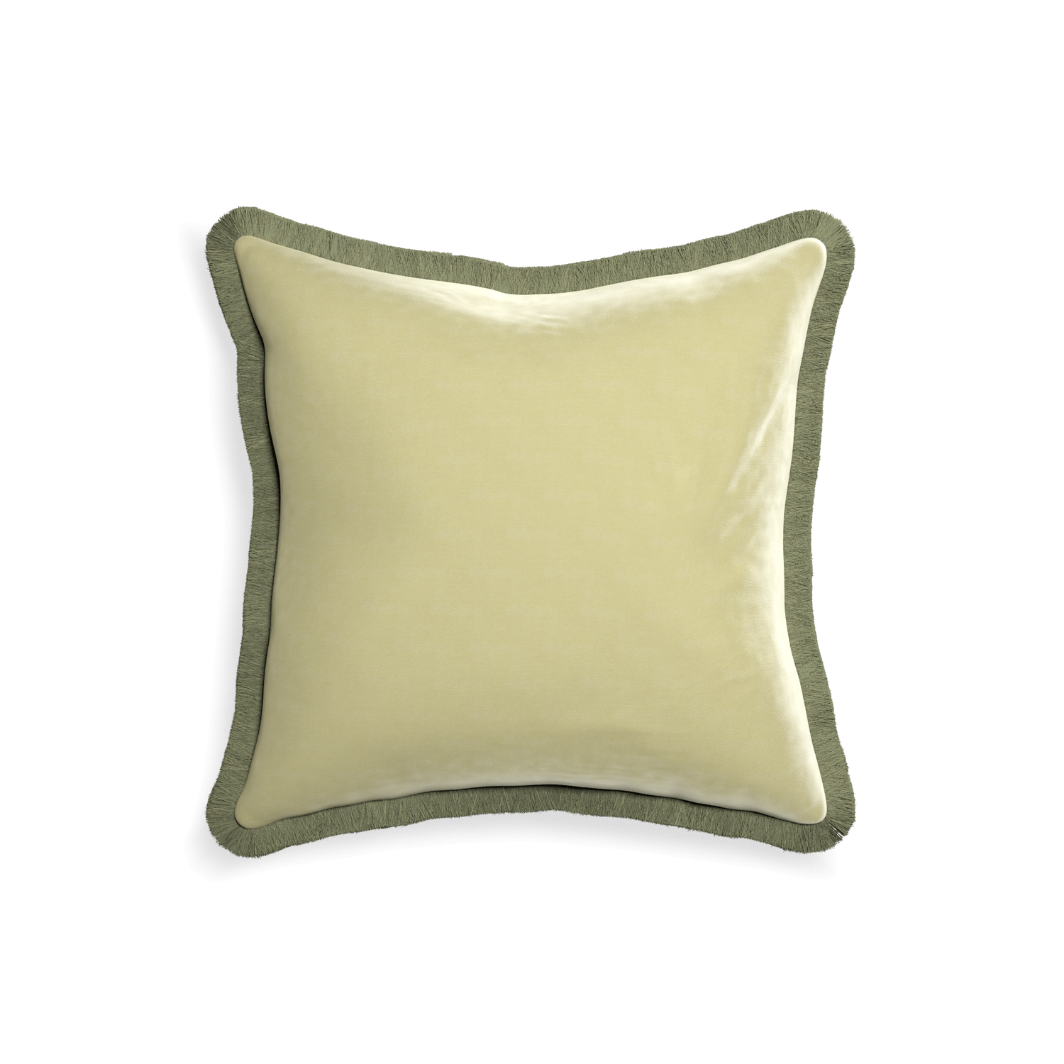 18-square pear velvet custom pillow with sage fringe on white background