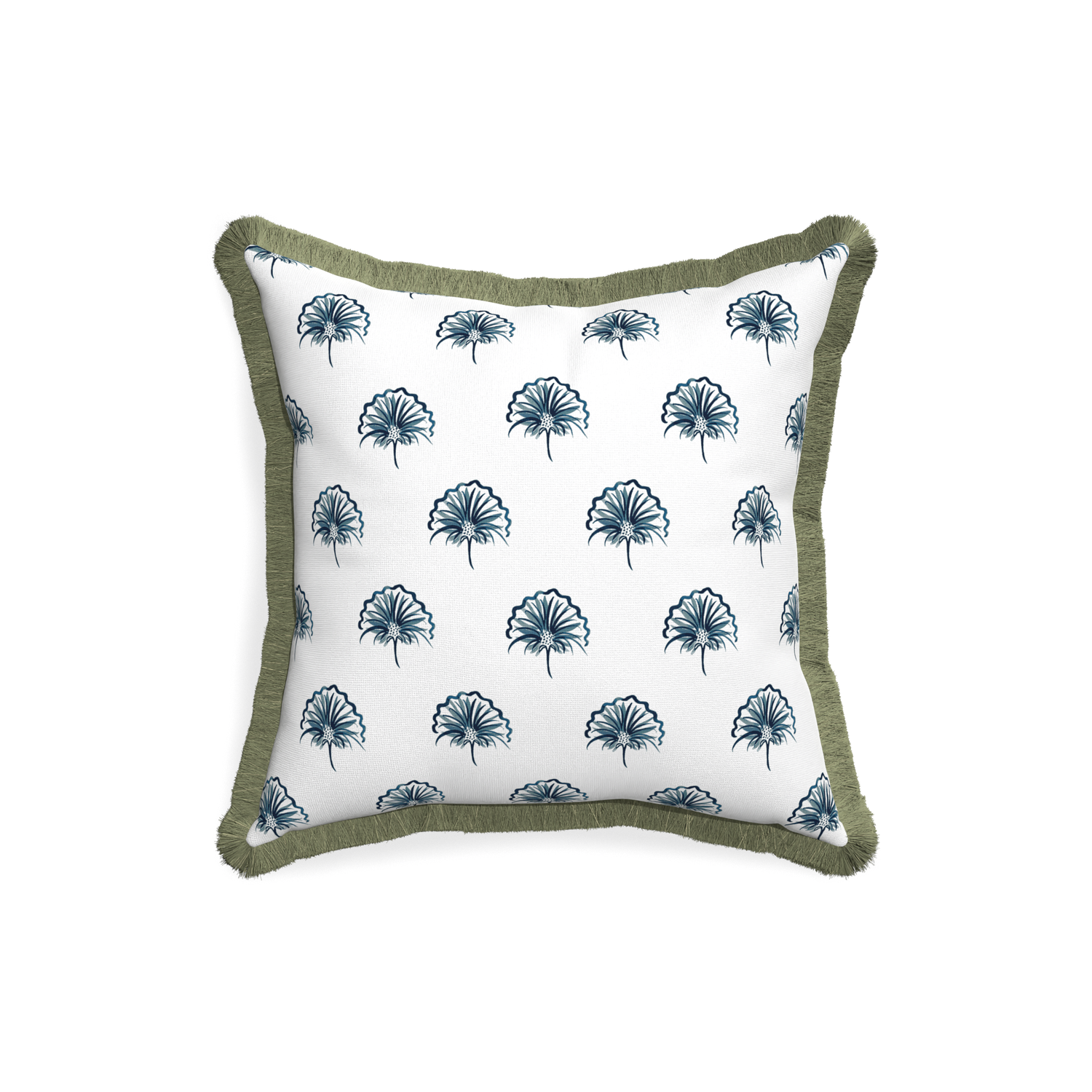 18-square penelope midnight custom floral navypillow with sage fringe on white background