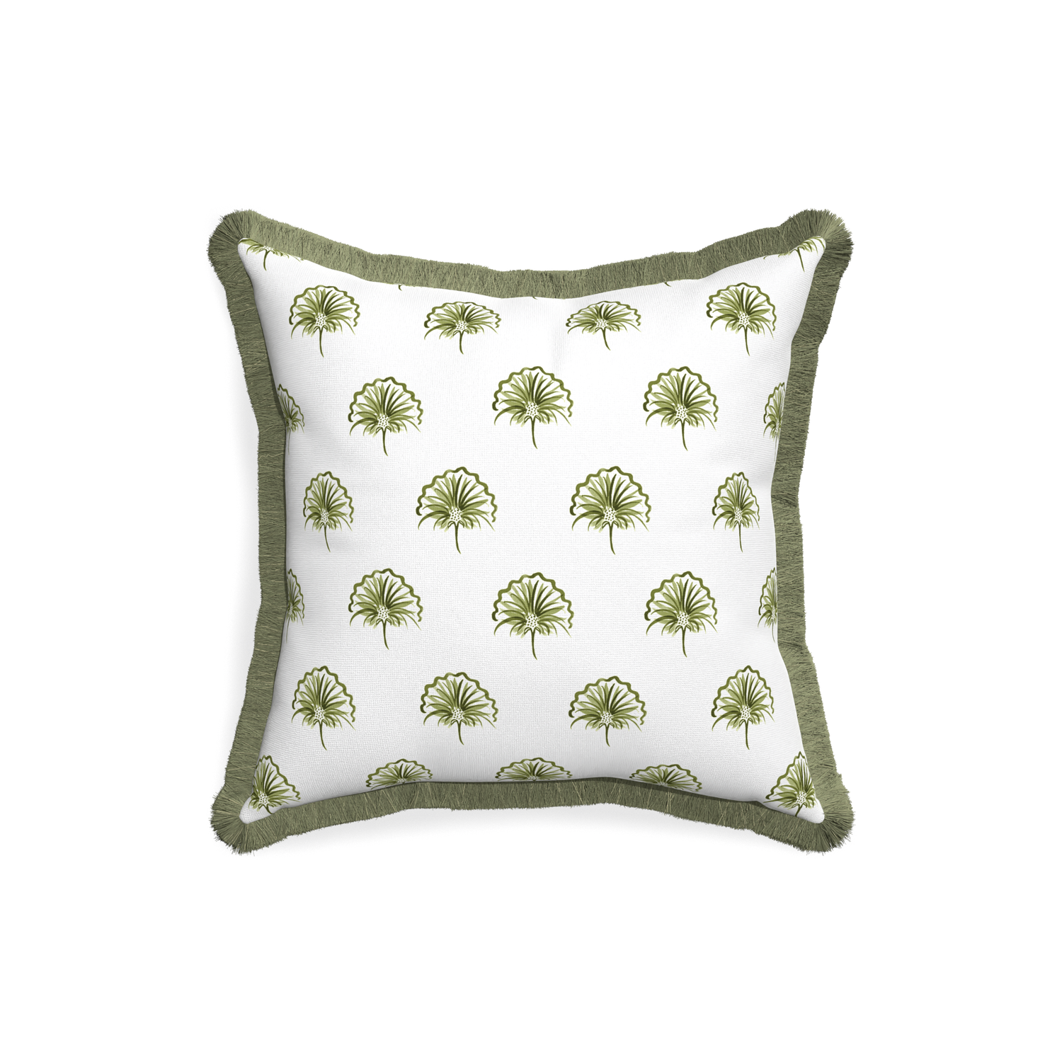 18-square penelope moss custom green floralpillow with sage fringe on white background
