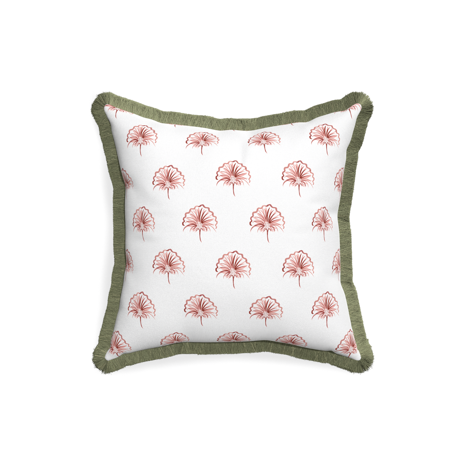 18-square penelope rose custom pillow with sage fringe on white background