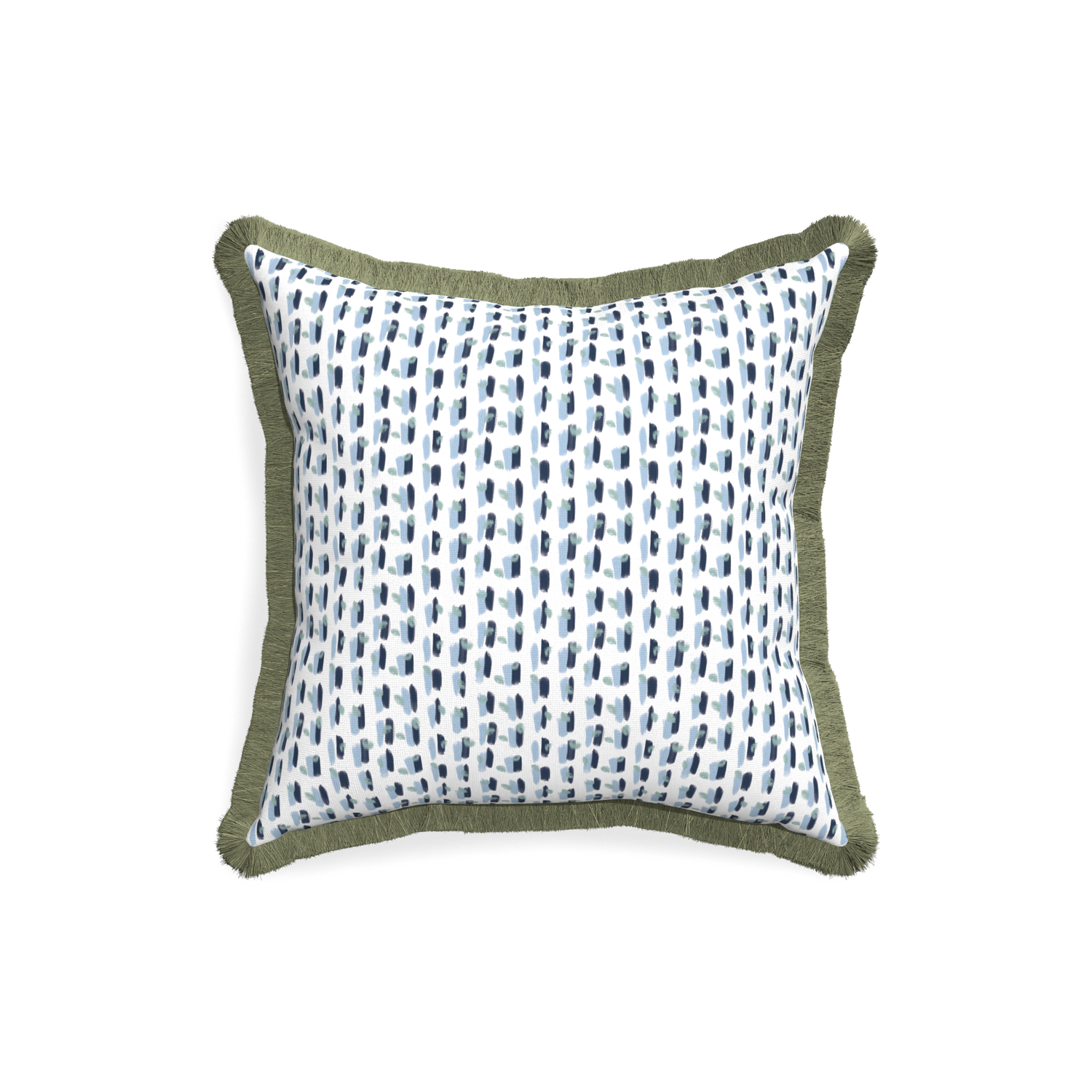 18-square poppy blue custom pillow with sage fringe on white background