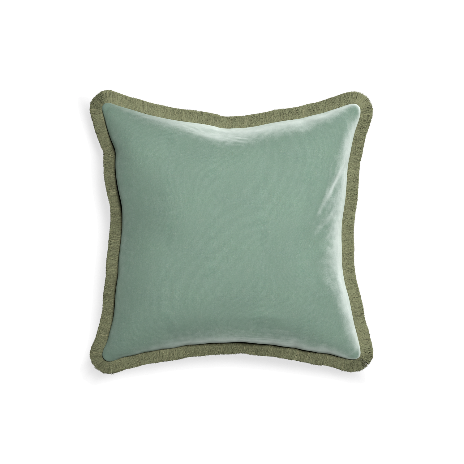 square blue green velvet pillow with sage green fringe