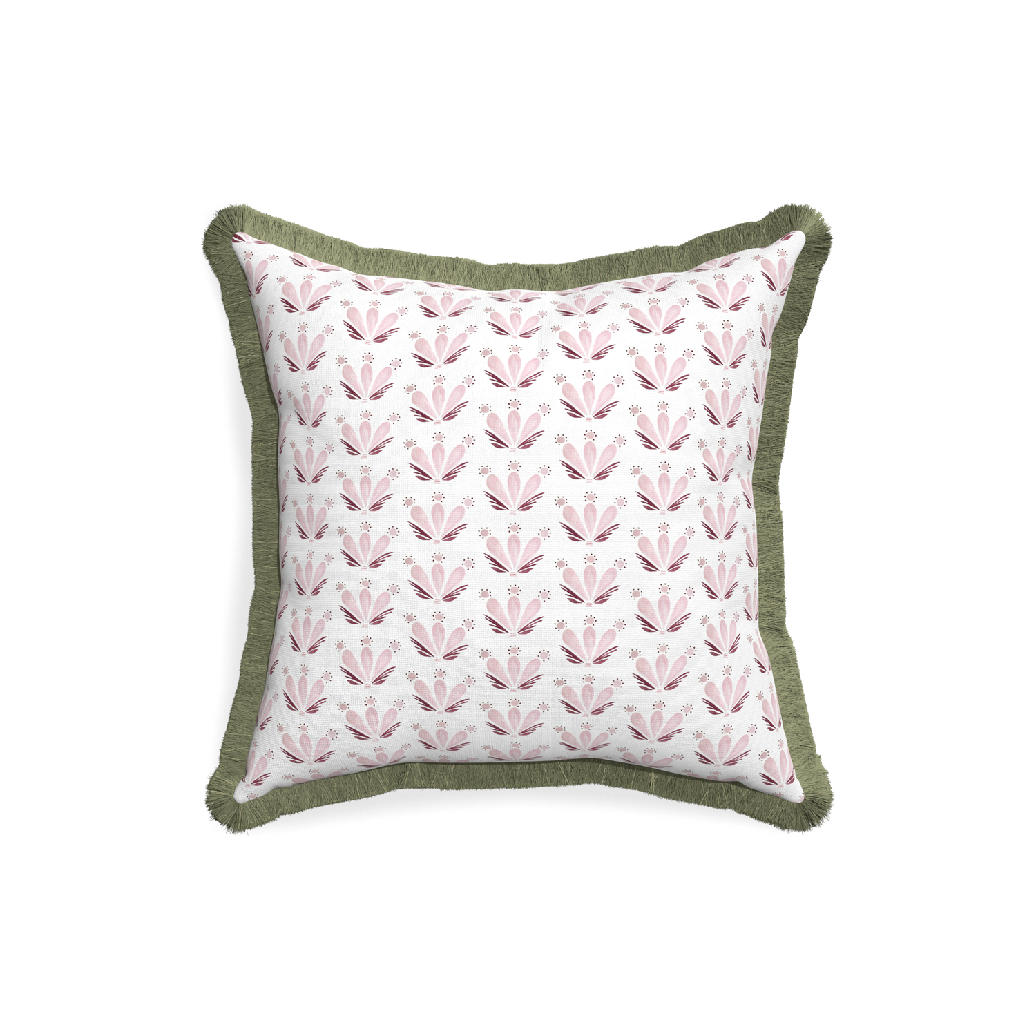 18-square serena pink custom pink & burgundy drop repeat floralpillow with sage fringe on white background